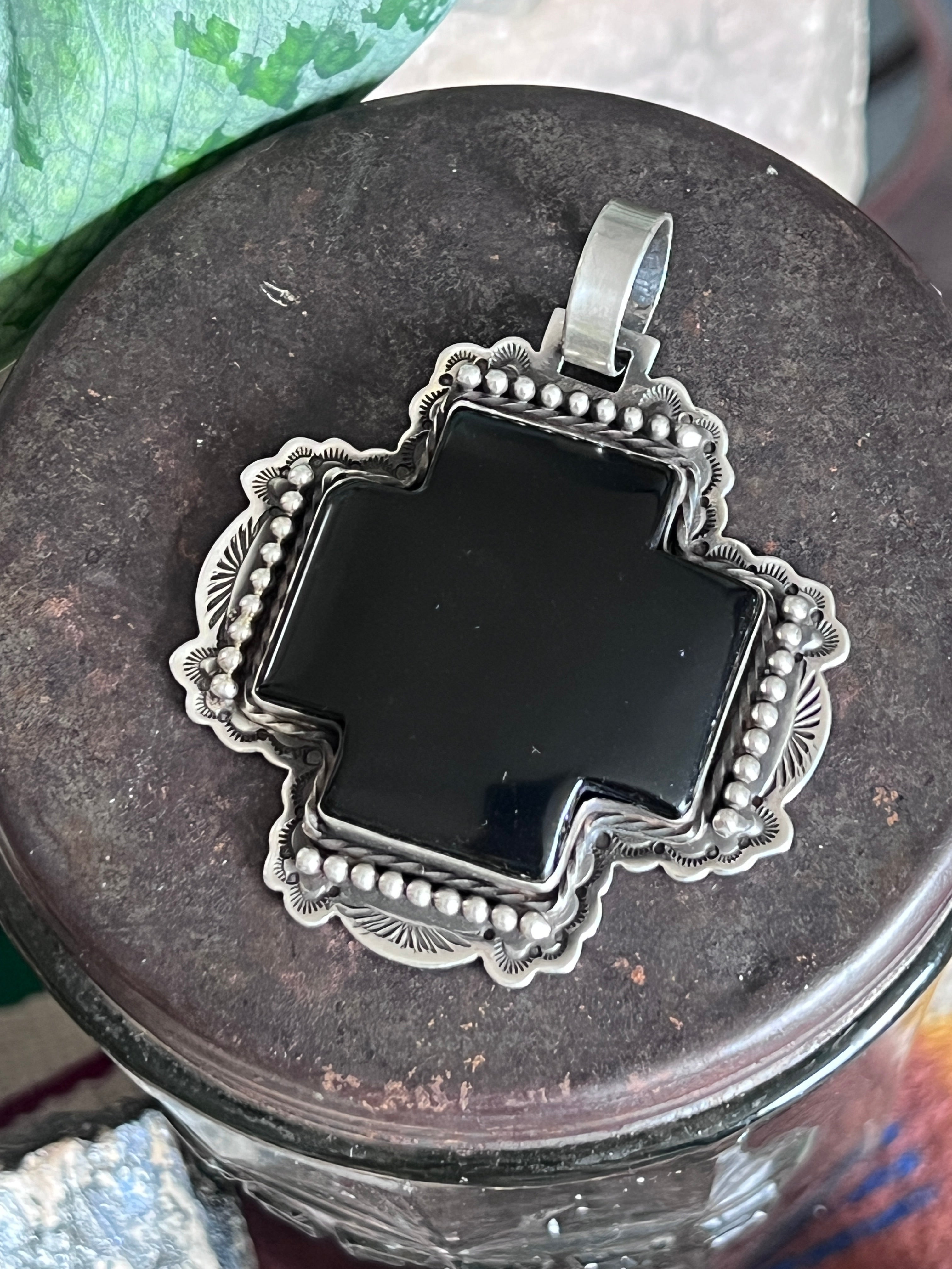 Hand Stamped Sterling Silver & Black Marble Santa Fe Cross Pendant by Kimari Somers