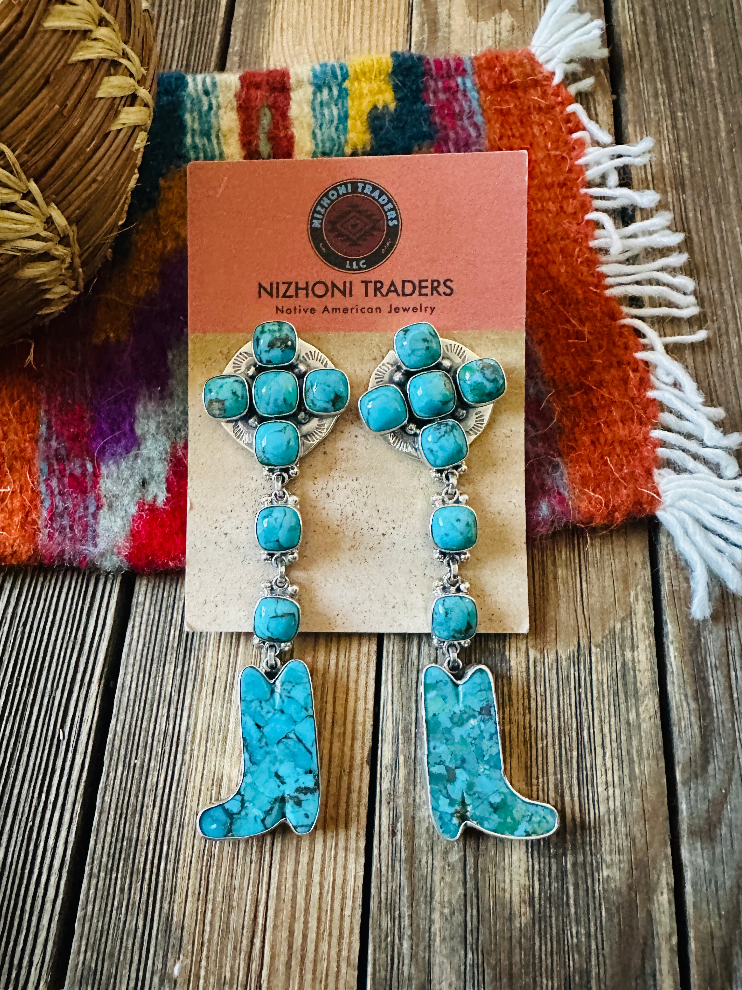 Handcrafted Turquoise & Sterling Silver Cowboy Boot Dangle Earrings by Federico Jimenez