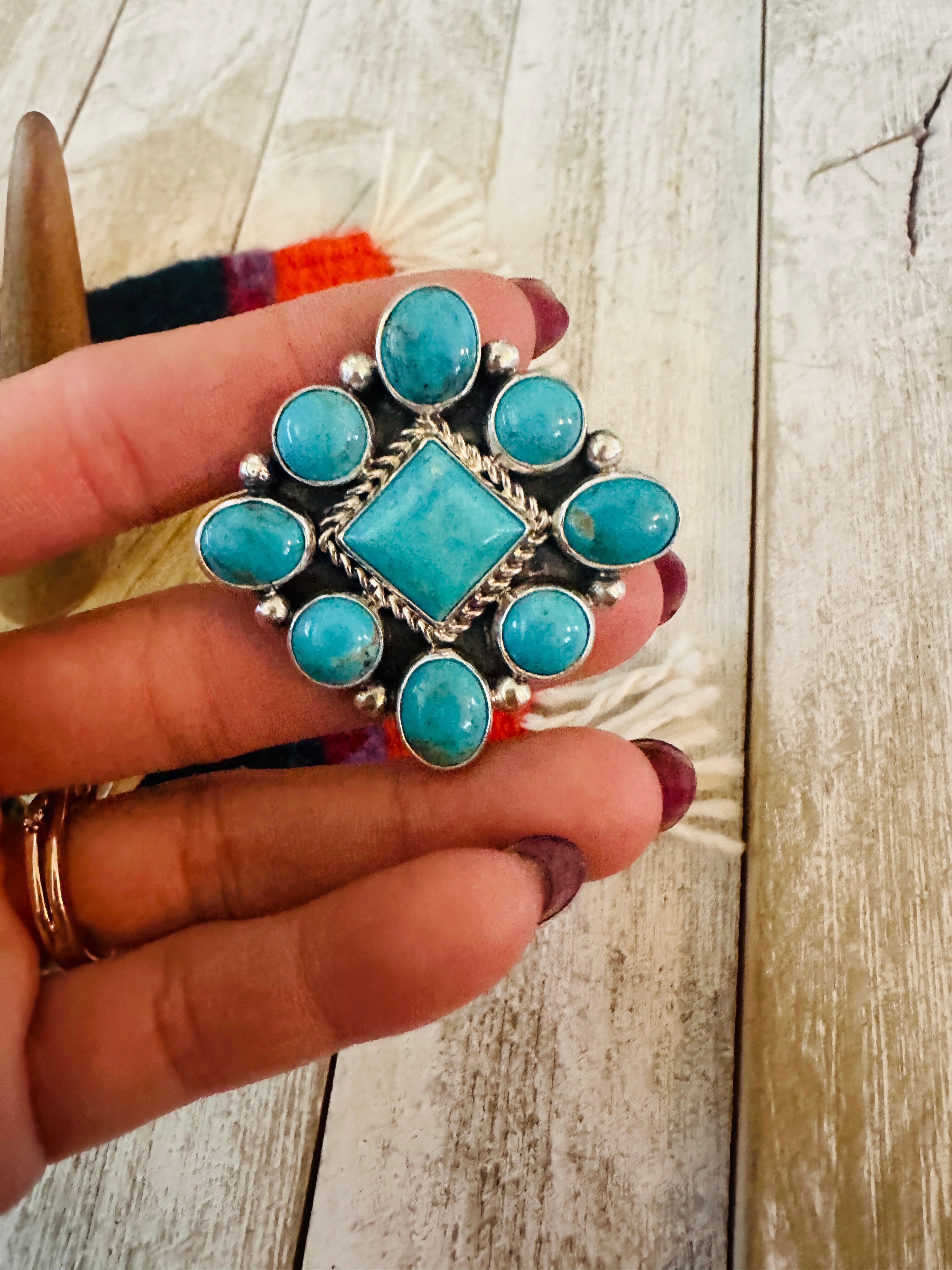 Handcrafted Sterling Silver & Turquoise Cluster Adjustable Ring