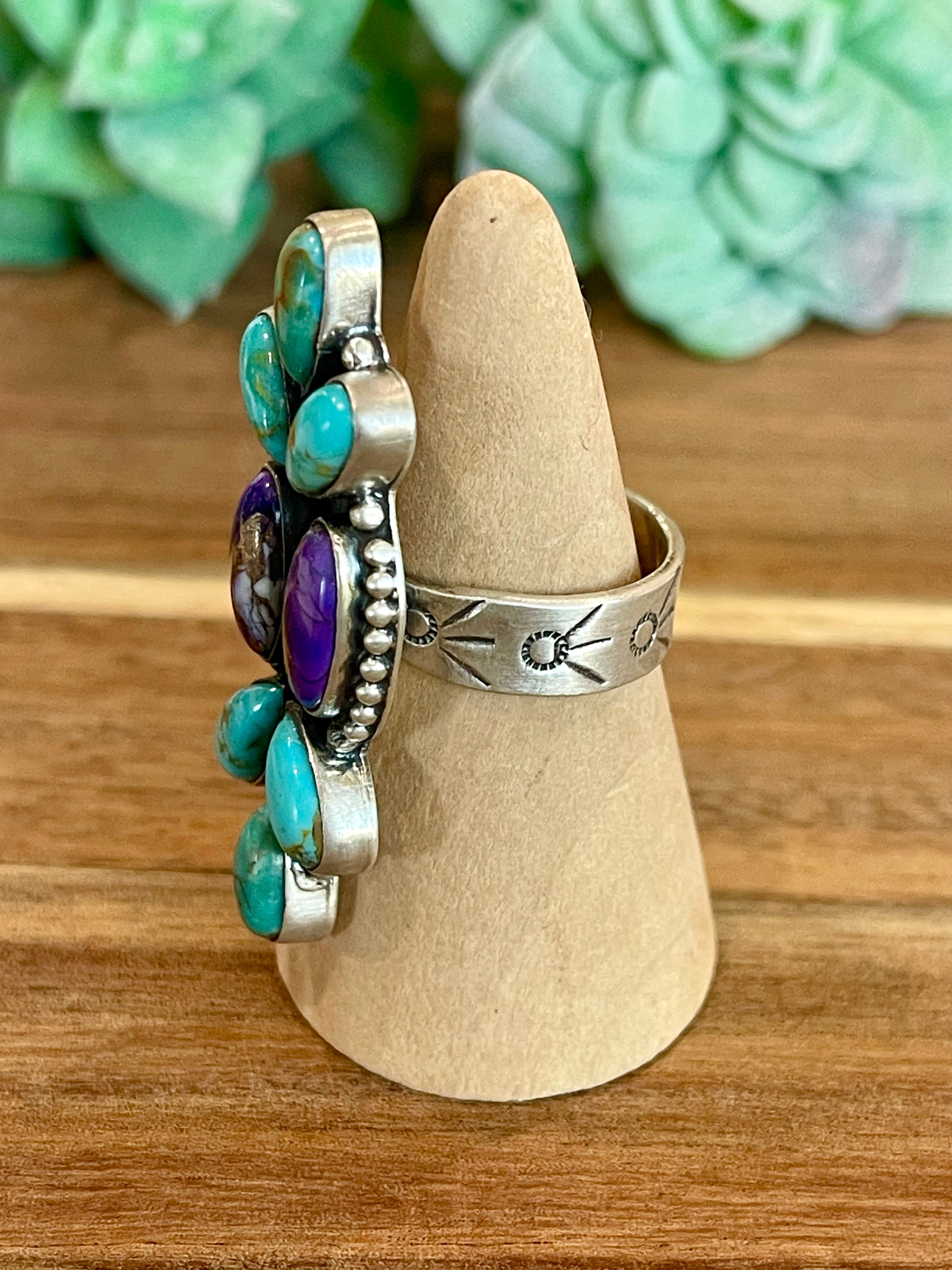Beautiful Handmade Turquoise, Violet Frost And Sterling Silver Adjustable Ring