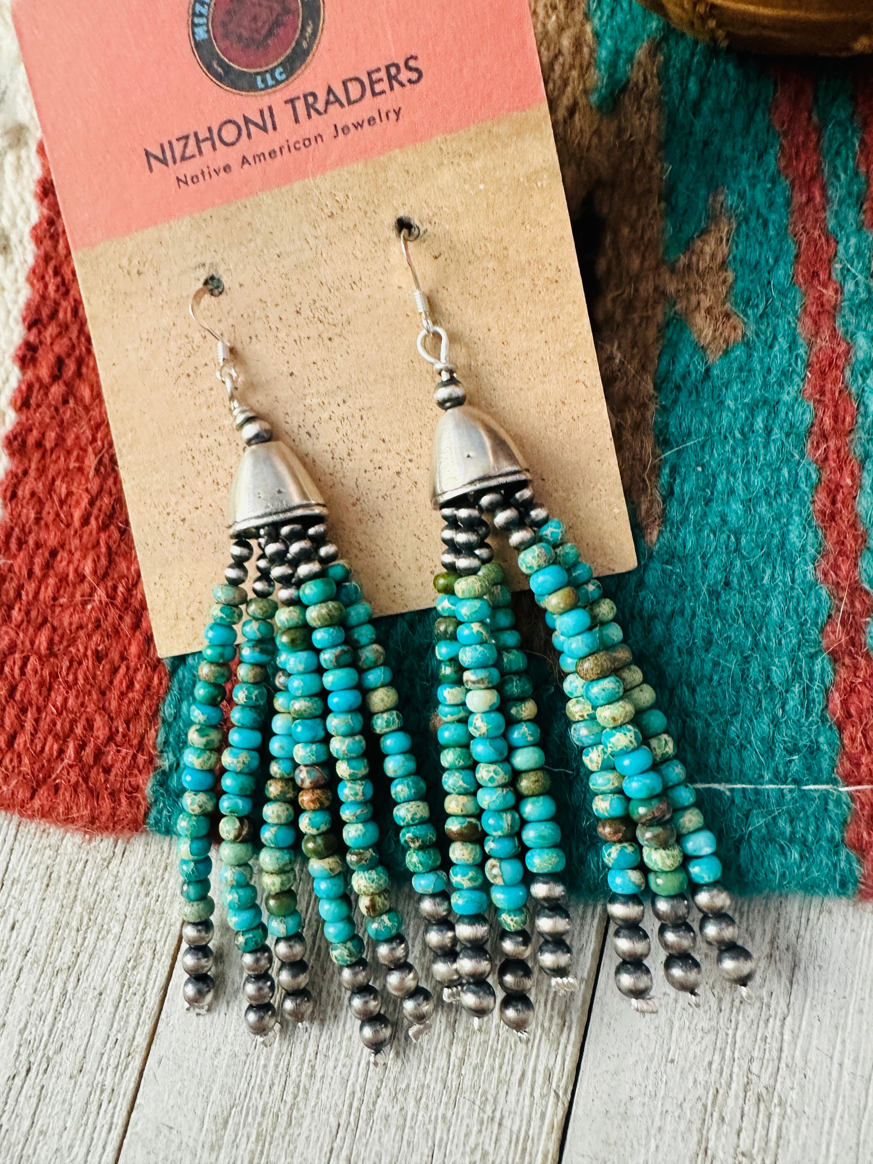 Handcrafted Turquoise & Sterling Silver Pearl Beaded Tassel Dangle Earrings