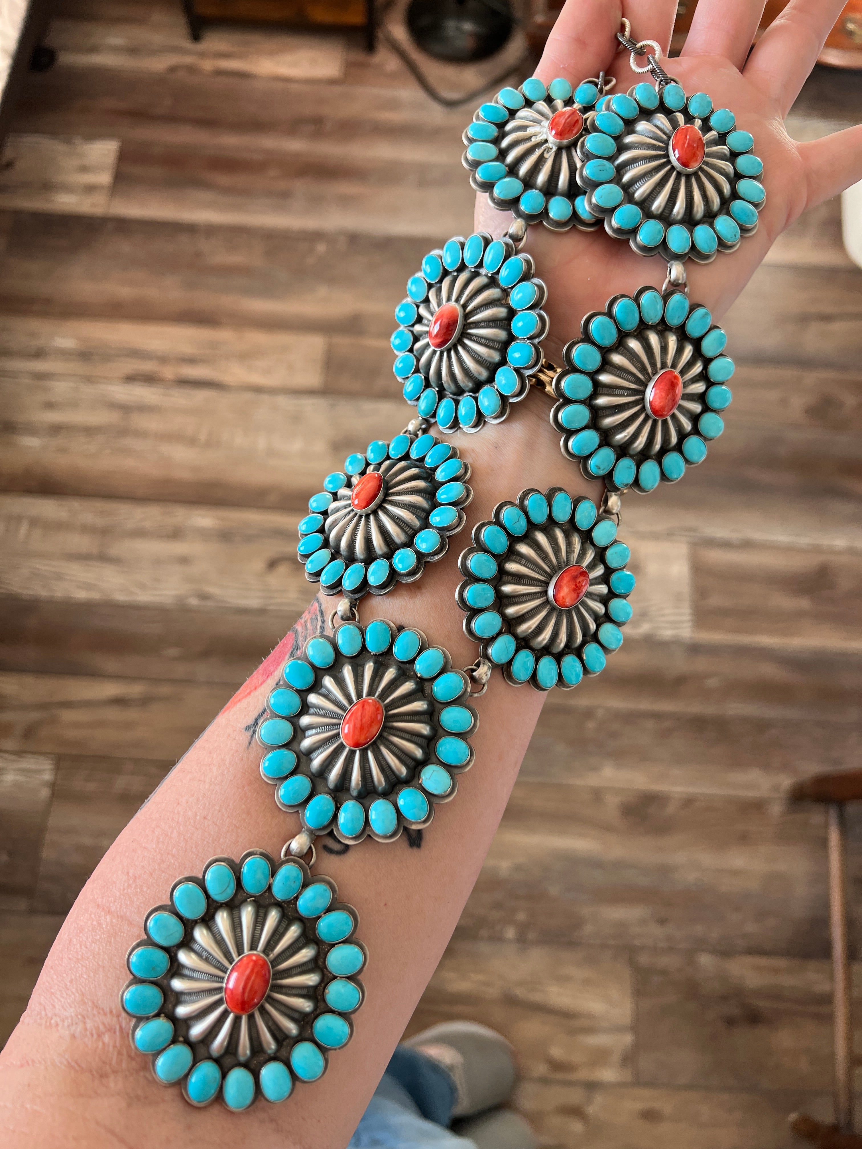 Handcrafted Amazing Spiny Oyster, Kingman Turquoise & Sterling Silver Lariat Necklace by Gilbert Platero