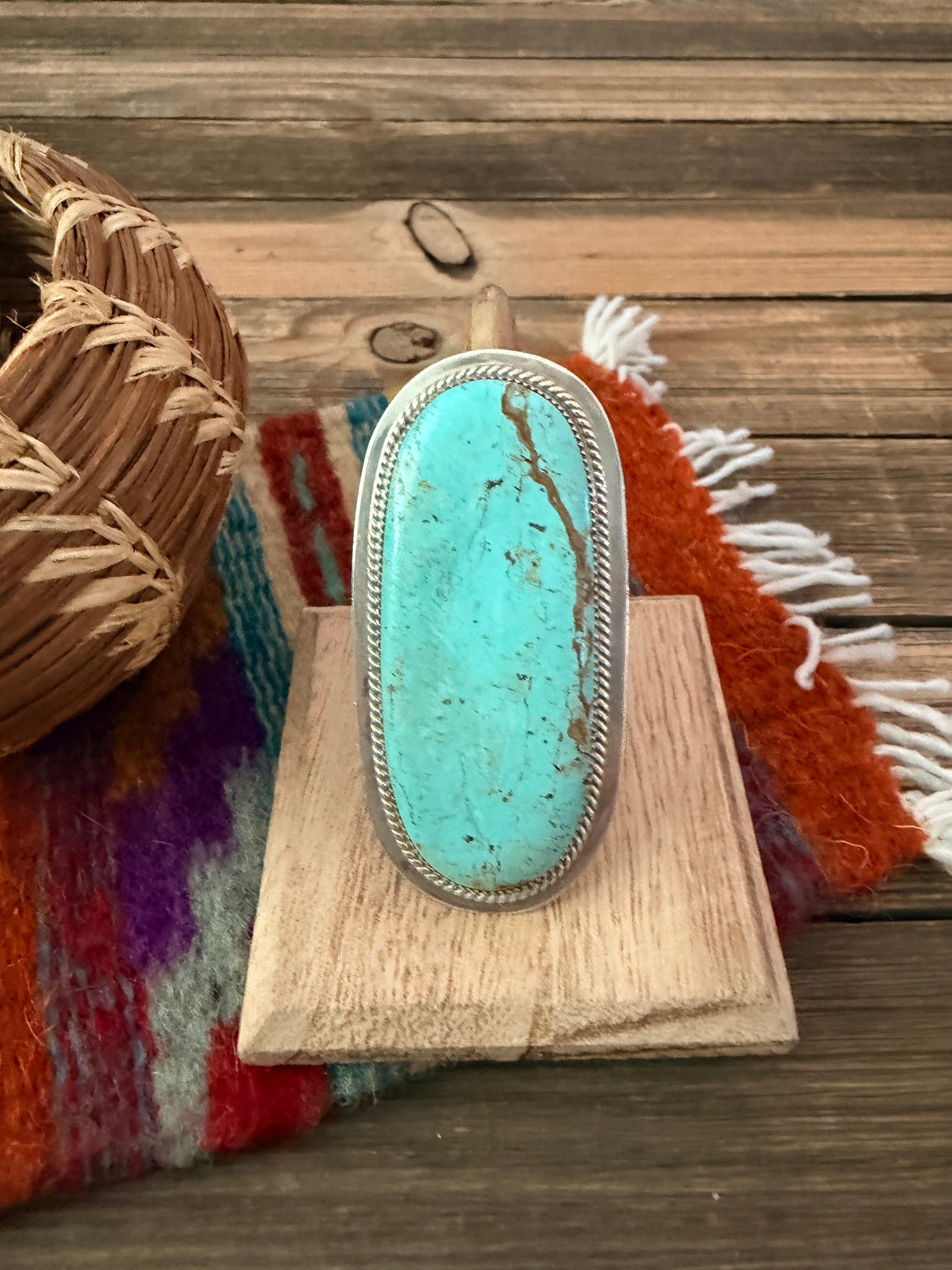 Old Pawn Handcrafted Turquoise & Sterling Silver Ring Size 9.5 by Earl Lee