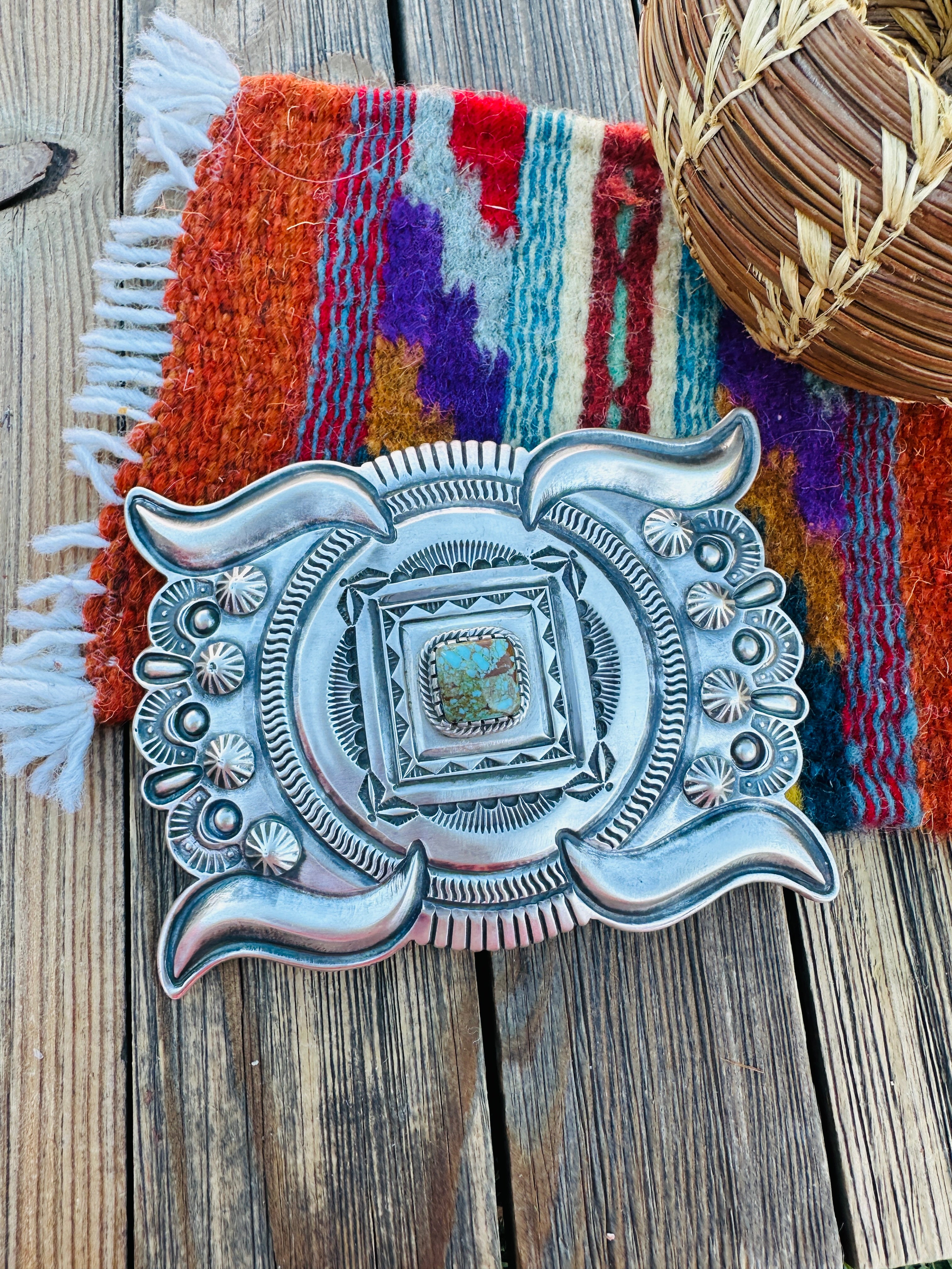 Handcrafted Number 8 Turquoise & Sterling Silver Belt Buckle by Roland Dixson