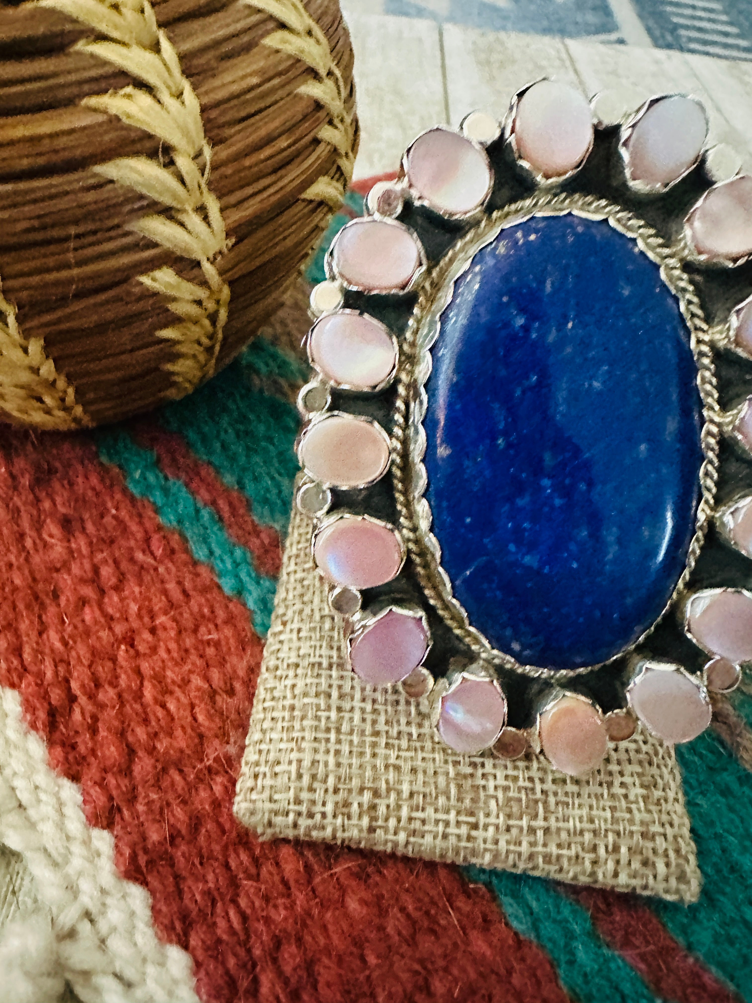 Handcrafted Lapis, Mother of Pearl Oyster & Sterling Silver Cluster Ring Size 9