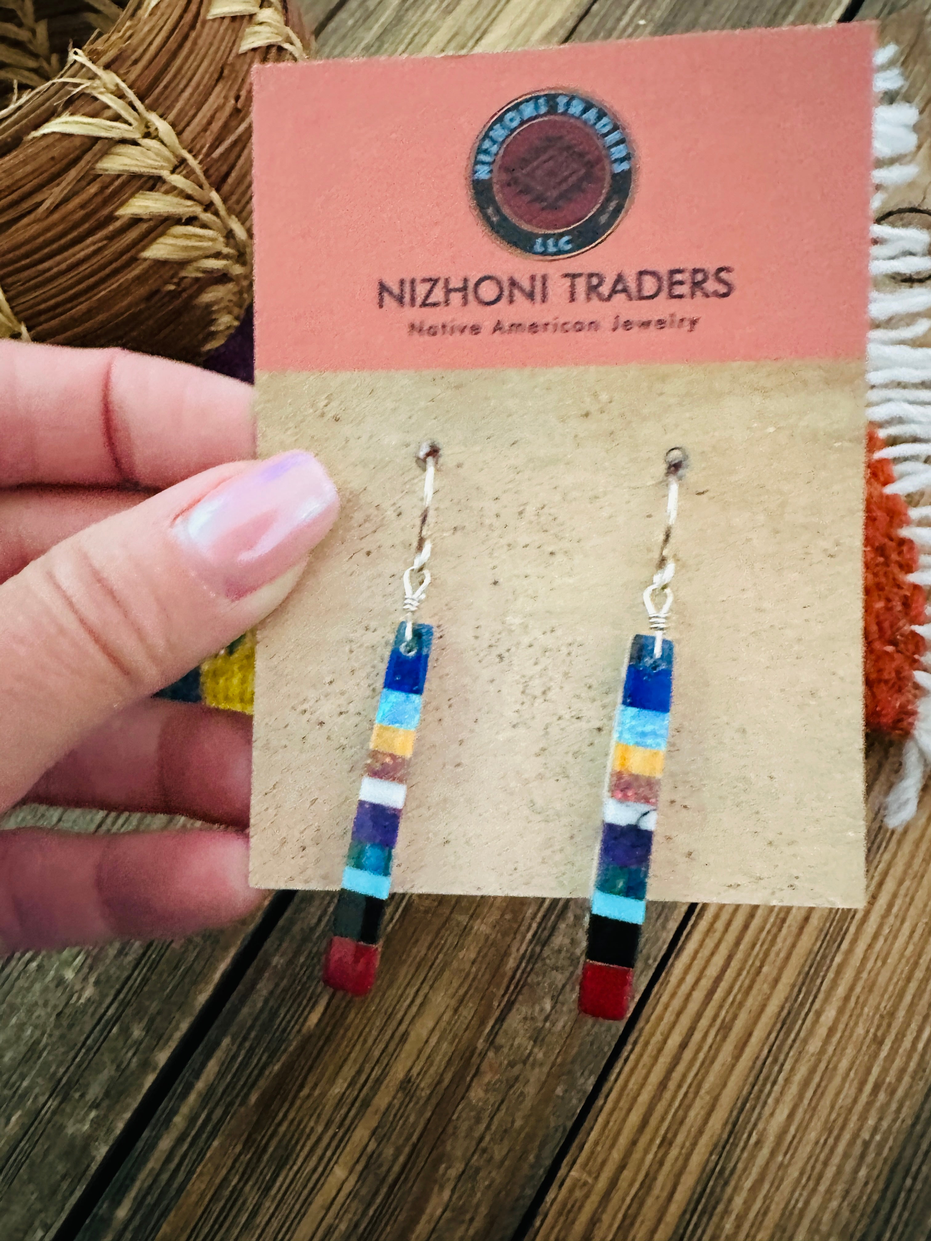 Handcrafted Multi Stone Inlay Slab Dangle Earrings
