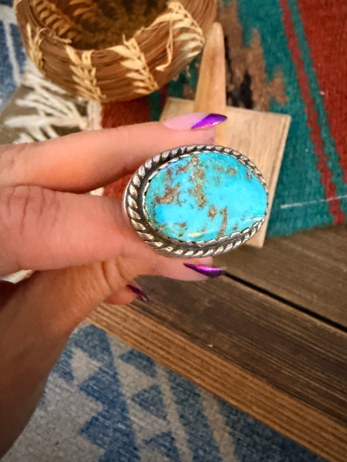 Old Pawn Handcrafted Turquoise & Sterling Silver Cigar Band Ring Size 10