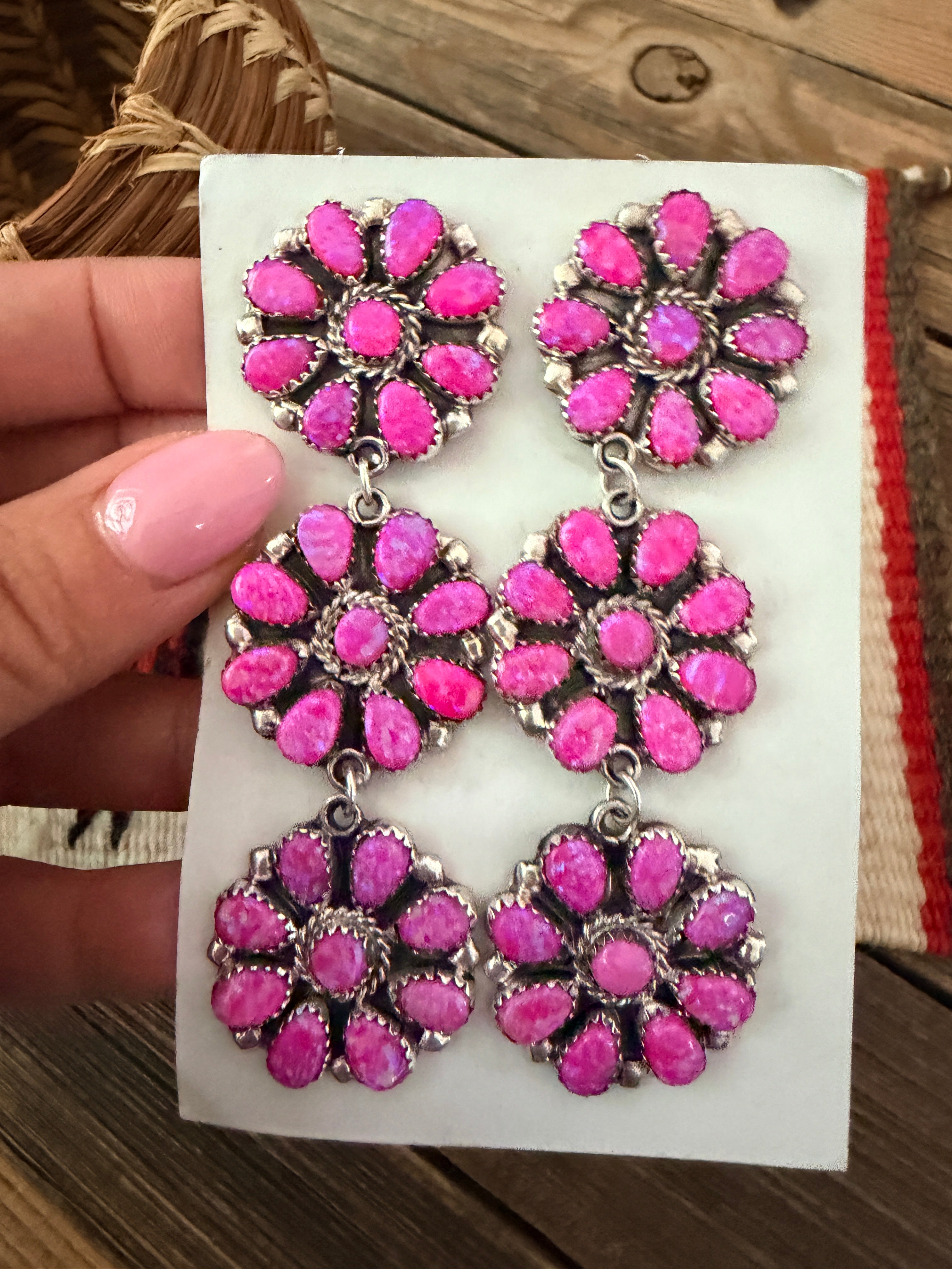 Handcrafted Pink Opal & Sterling Silver Cluster Dangle Earrings by Danny L. Wauneka