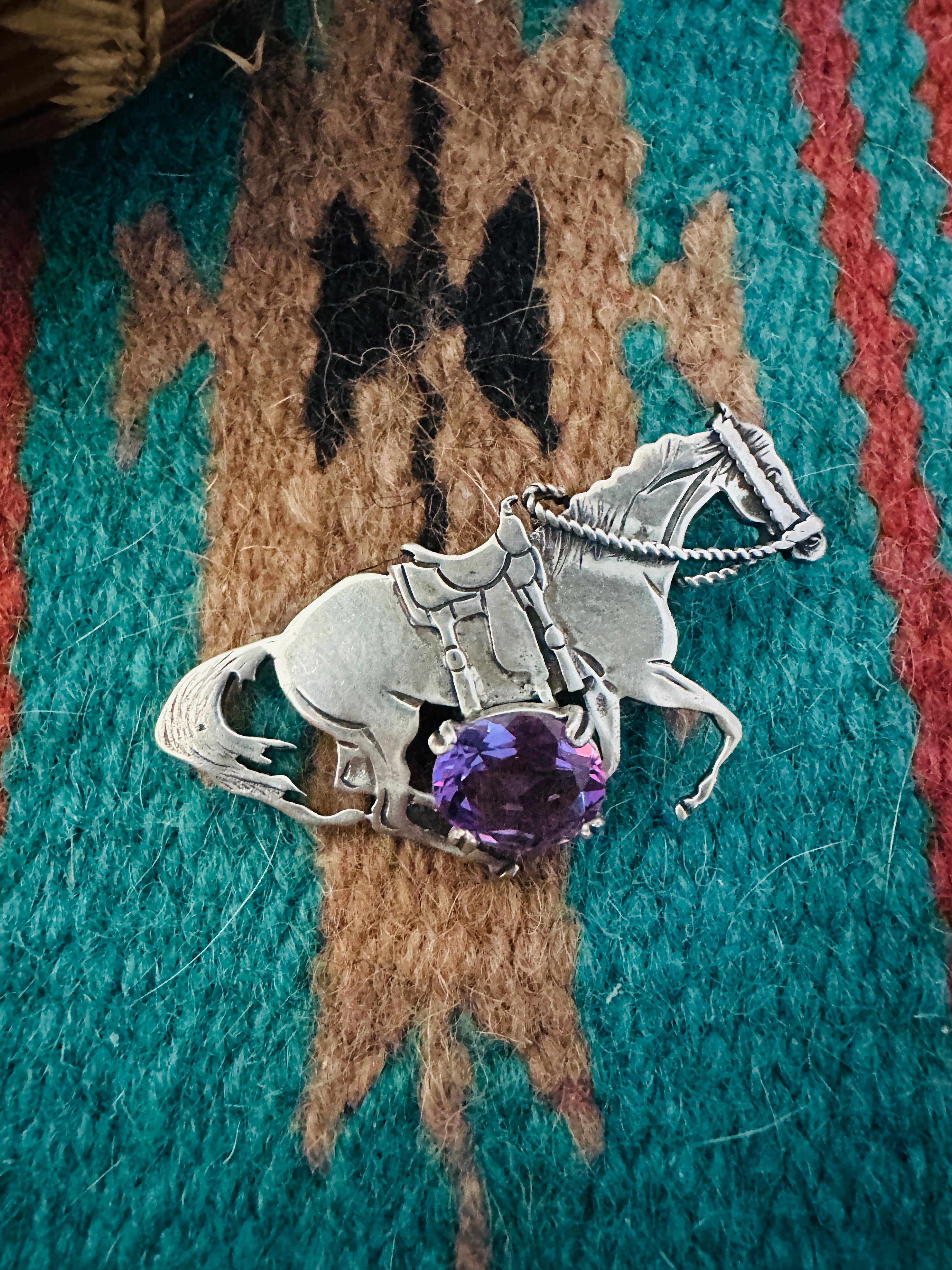 Handcrafted Old Pawn Sterling Silver & Amethyst Horse Brooch