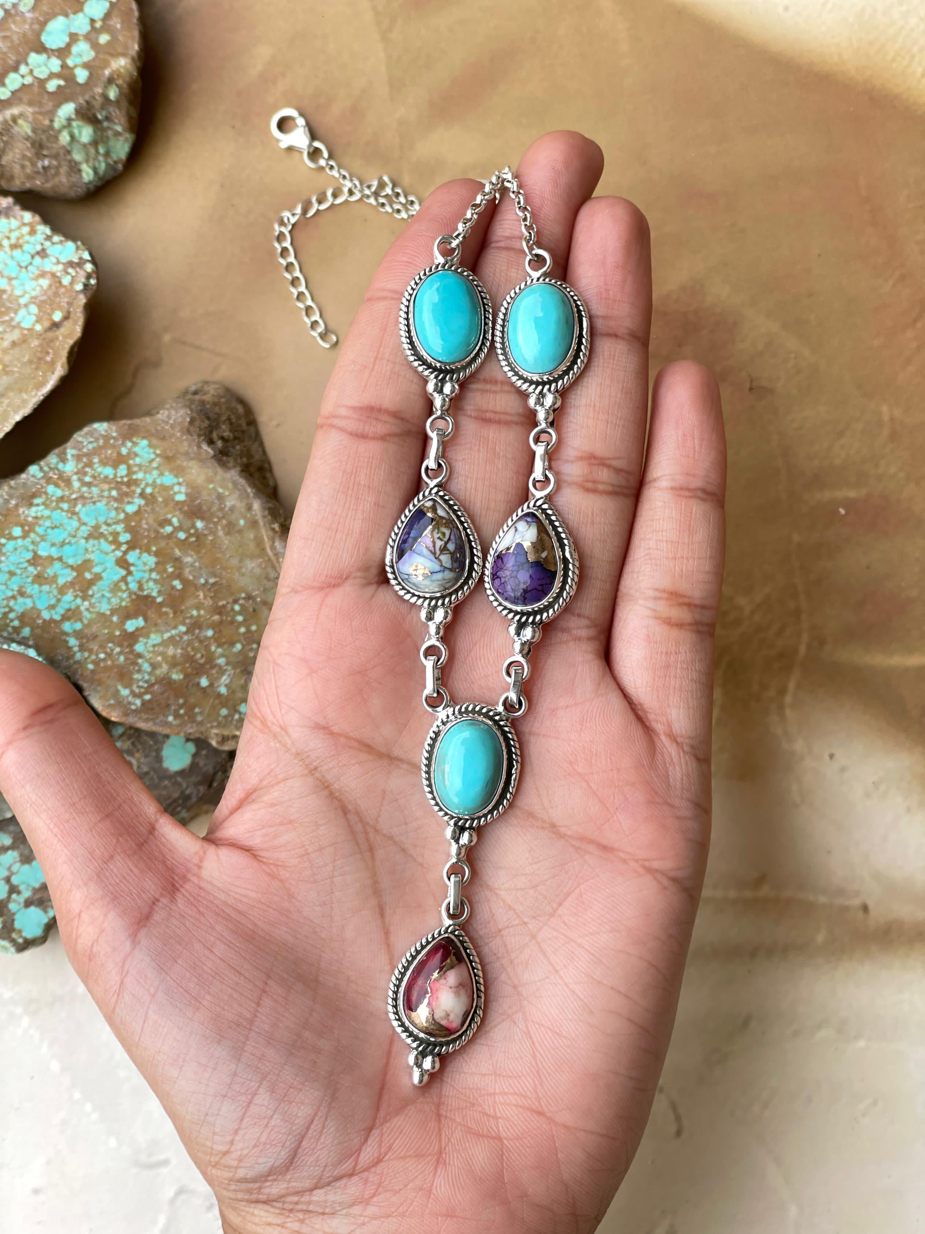 Handmade Sterling Silver, Turquoise, Violet Frost, Dahlia Rose Lariat Necklace