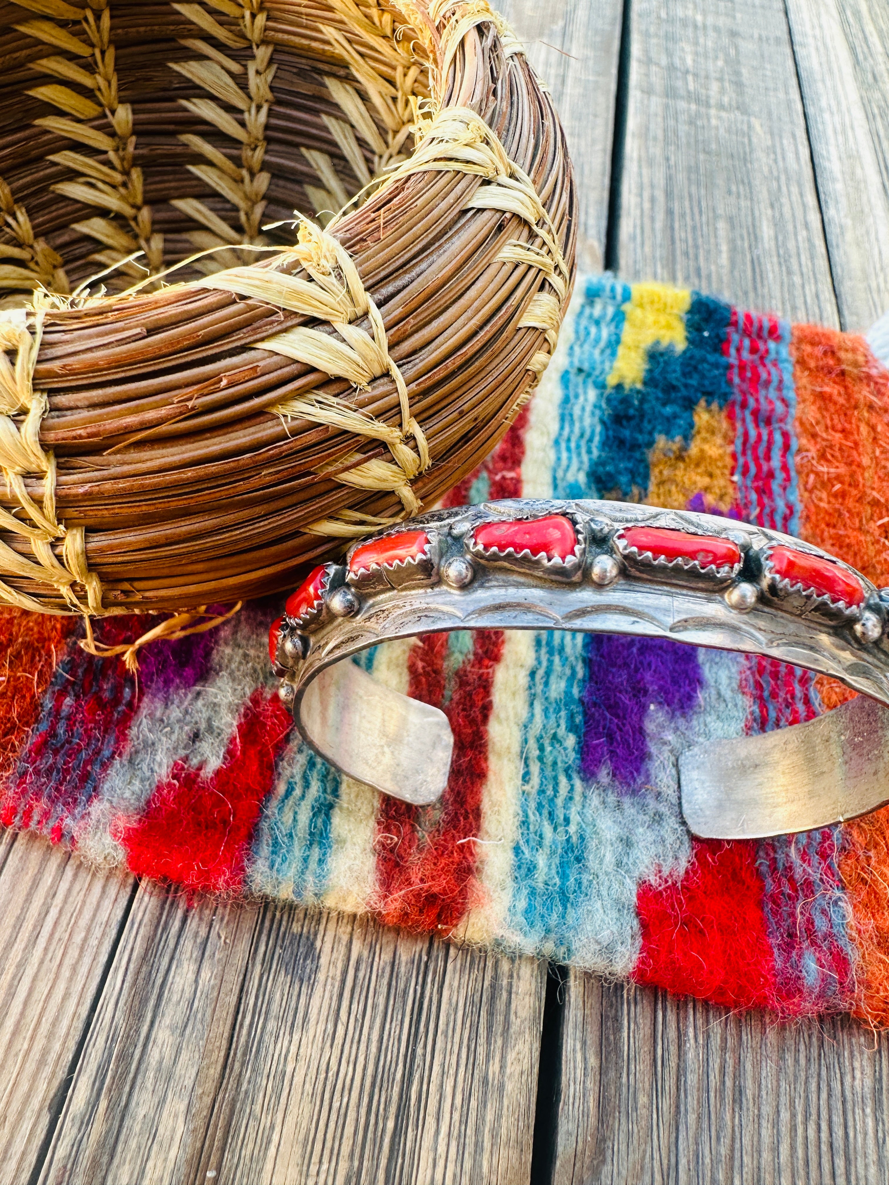Handcrafted Old Pawn Sterling Silver & Coral Cuff Bracelet
