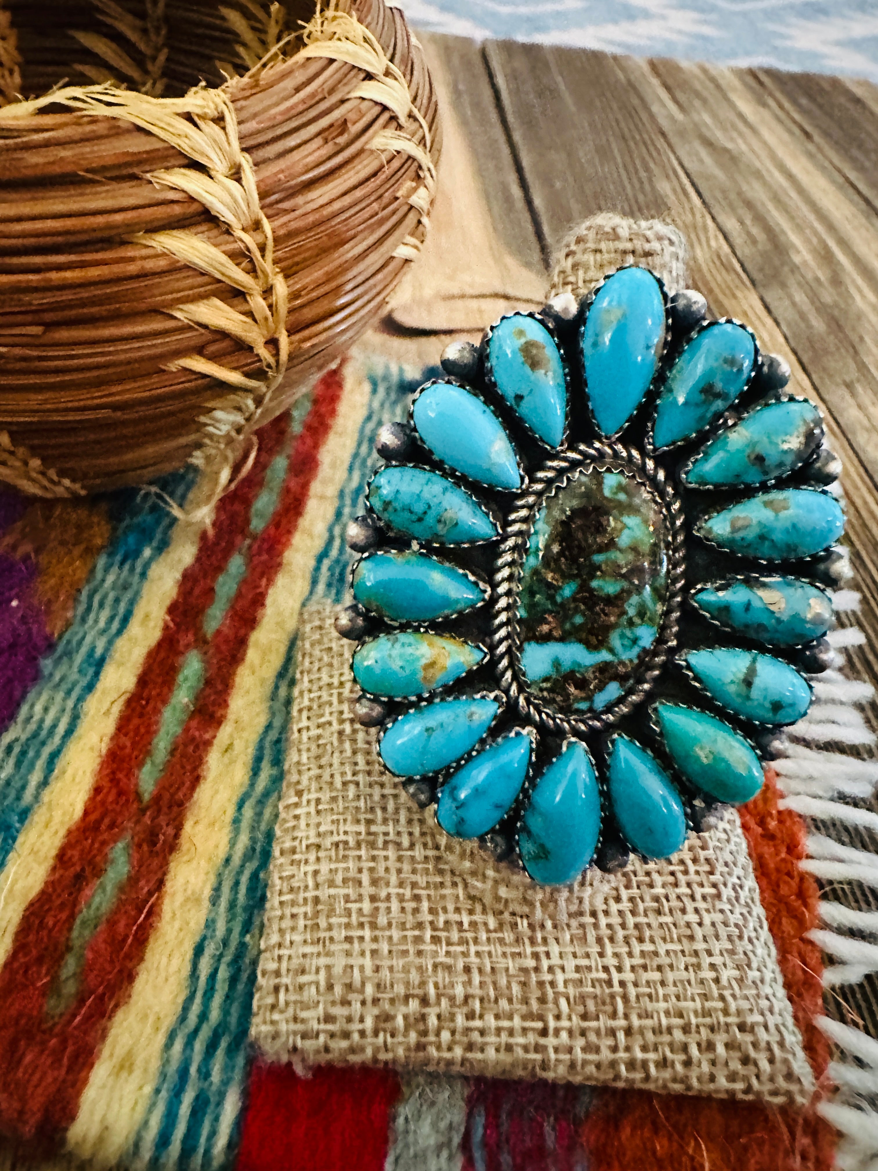 Handcrafted Turquoise & Sterling Silver Adjustable Cluster Ring