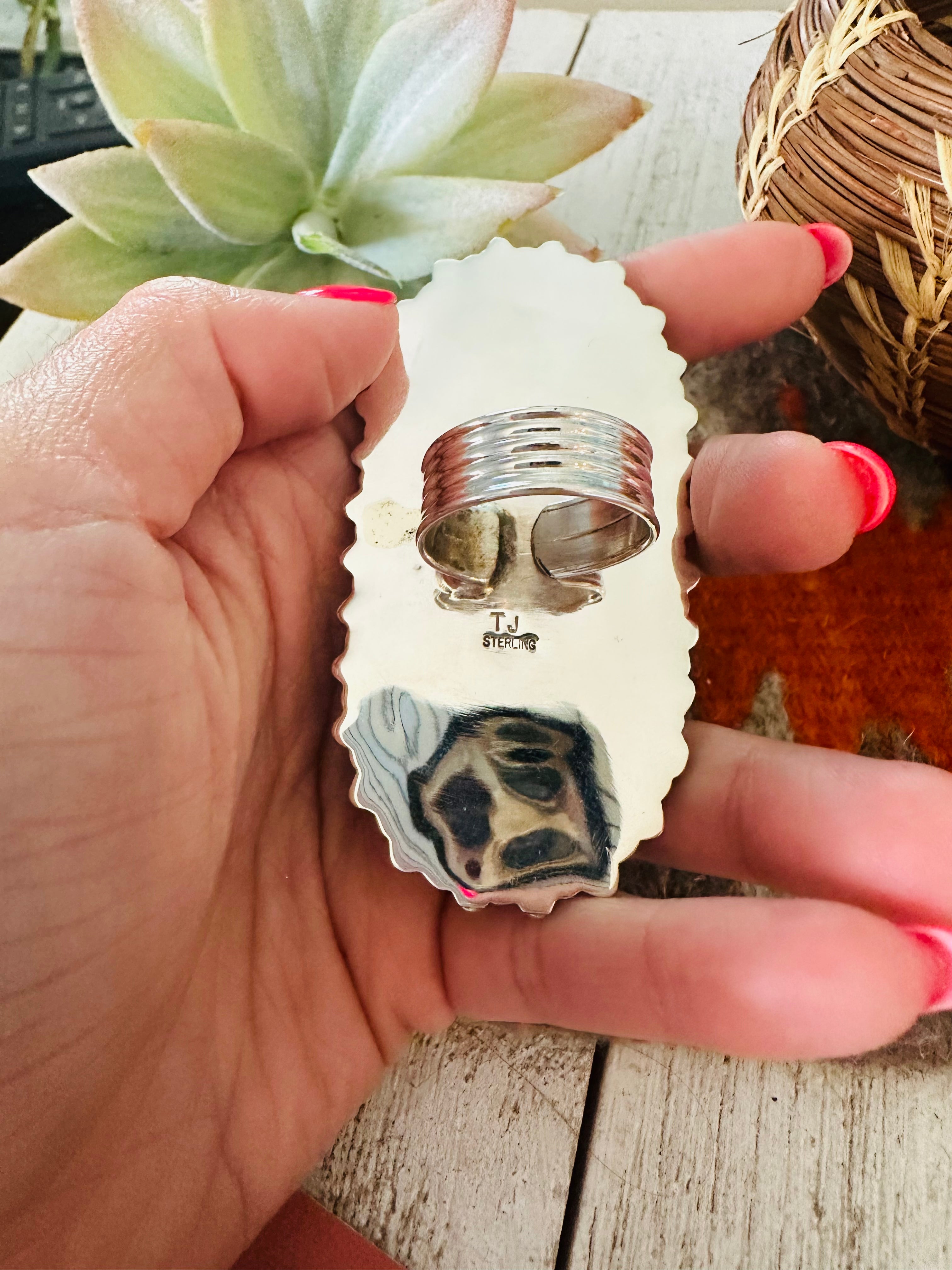 Handcrafted Sterling Silver, Turquoise & Queen Pink Conch Adjustable Ring