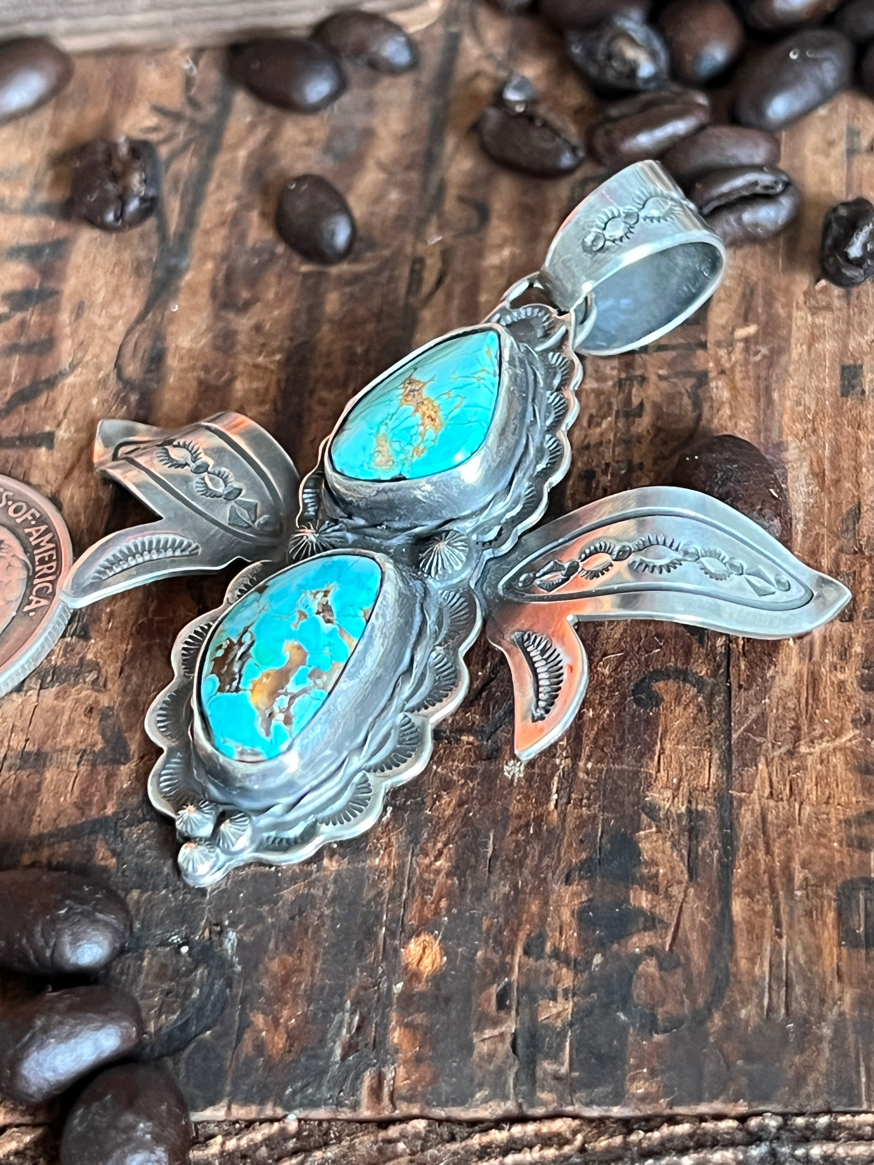 Kimari Somers Hand Stamped Sterling Silver and Turquoise Winged Bug Pendant