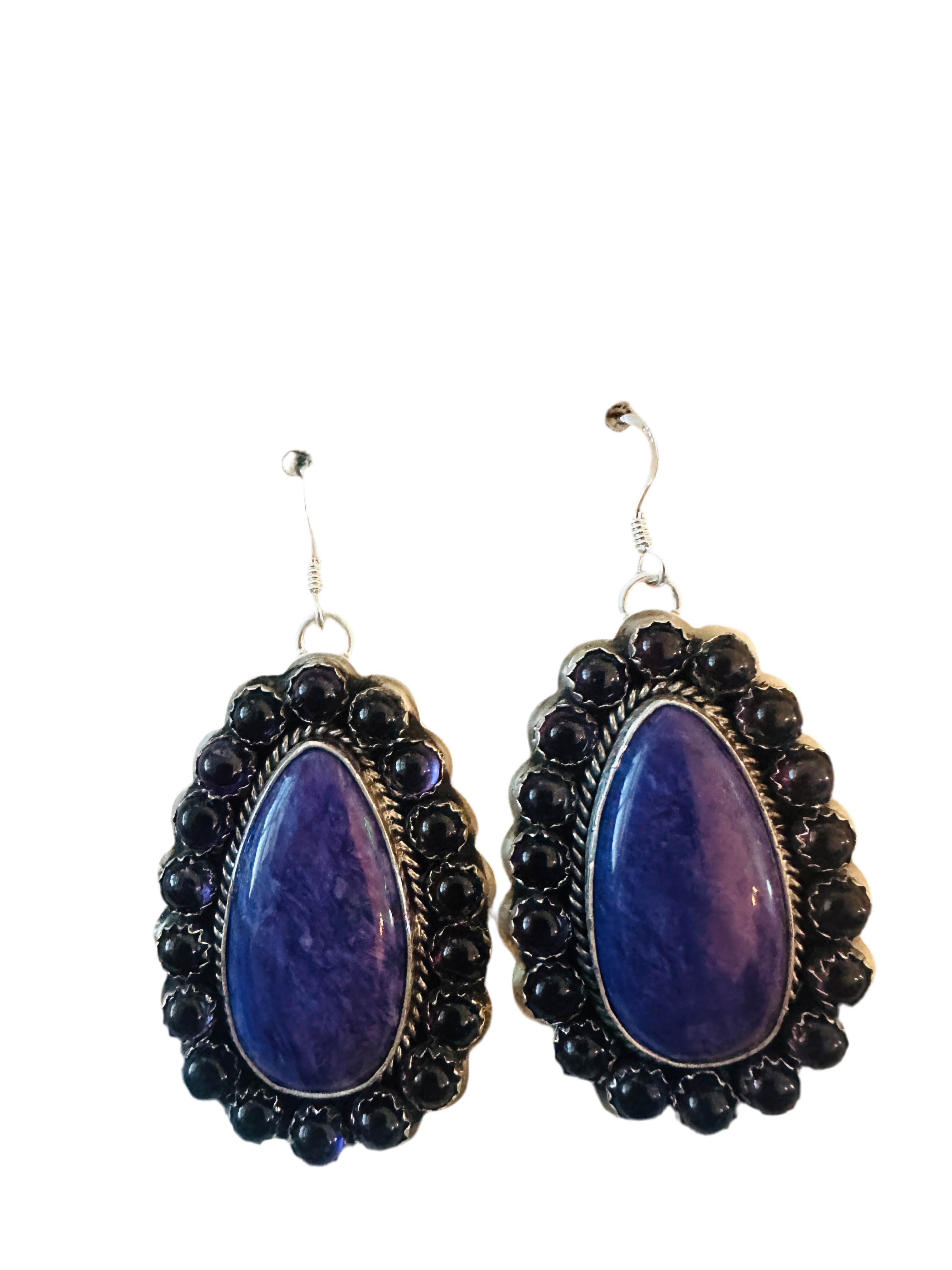 Navajo Sterling Silver, Charoite & Amethyst Cluster Dangle Earrings