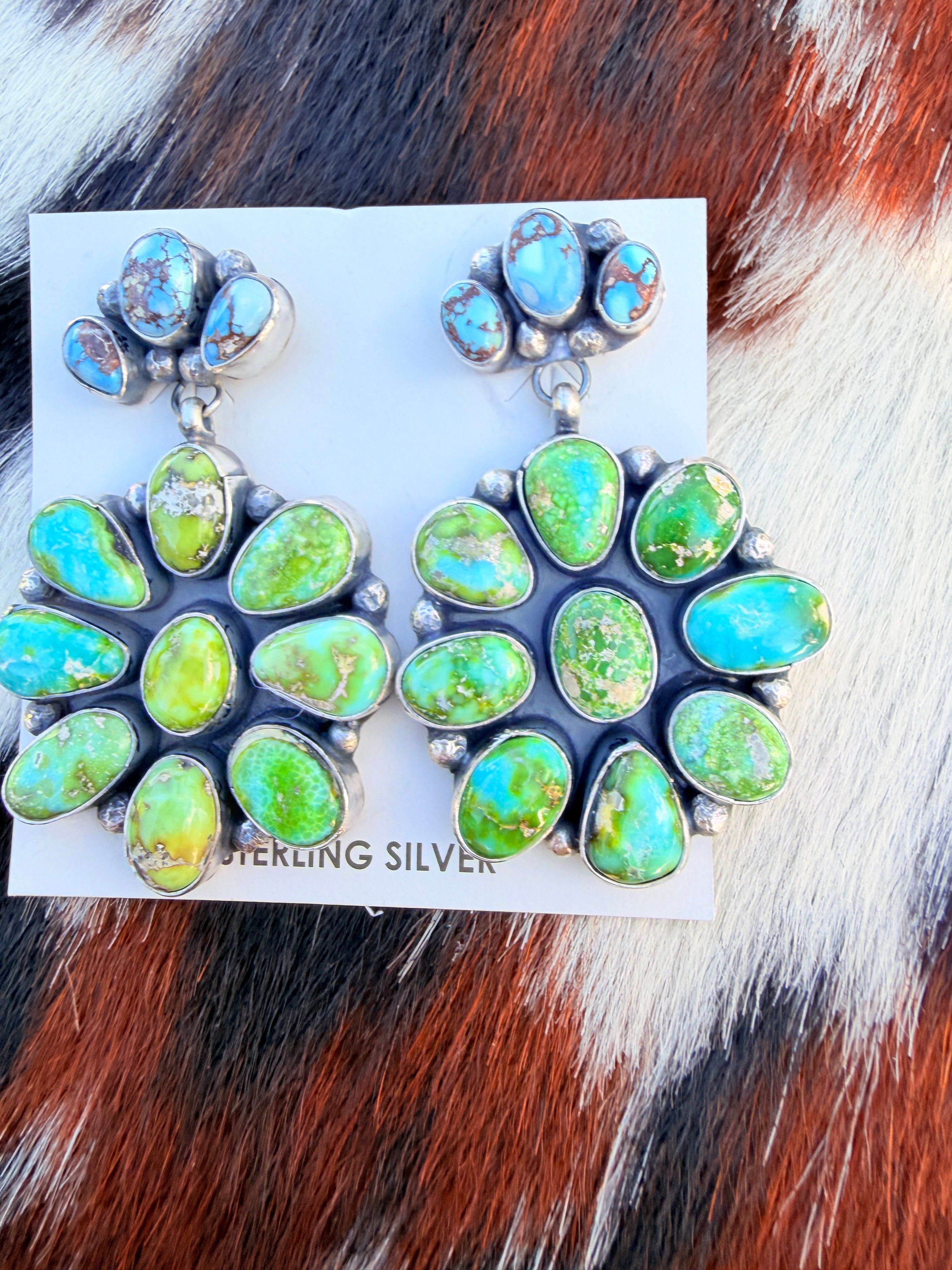 Handcrafted Multi Turquoise & Sterling Silver Cluster Dangle Earrings