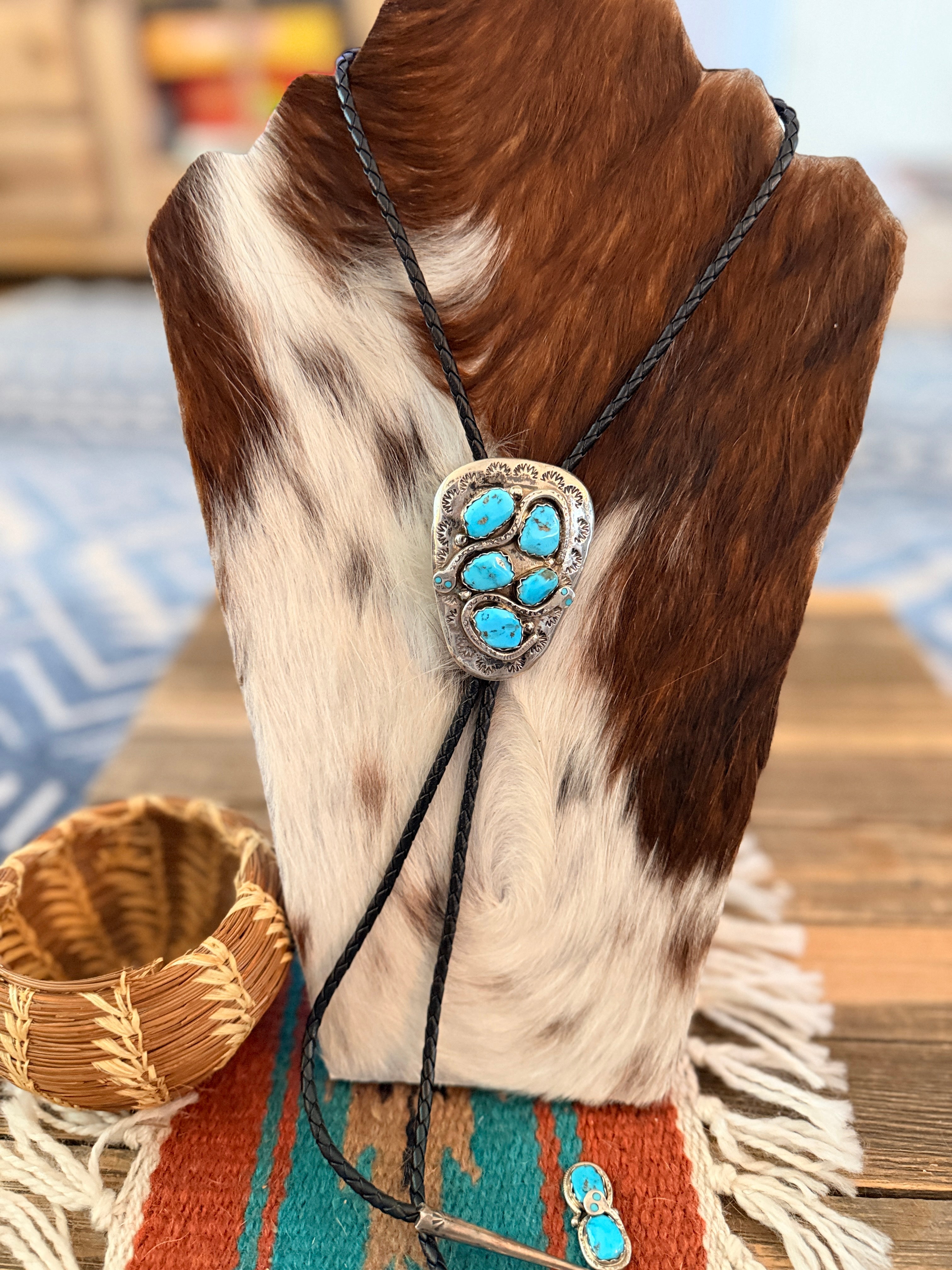 Handcrafted Vintage Old Pawn Sterling Silver & Turquoise Concho Bolo Tie by Effie Calavaza