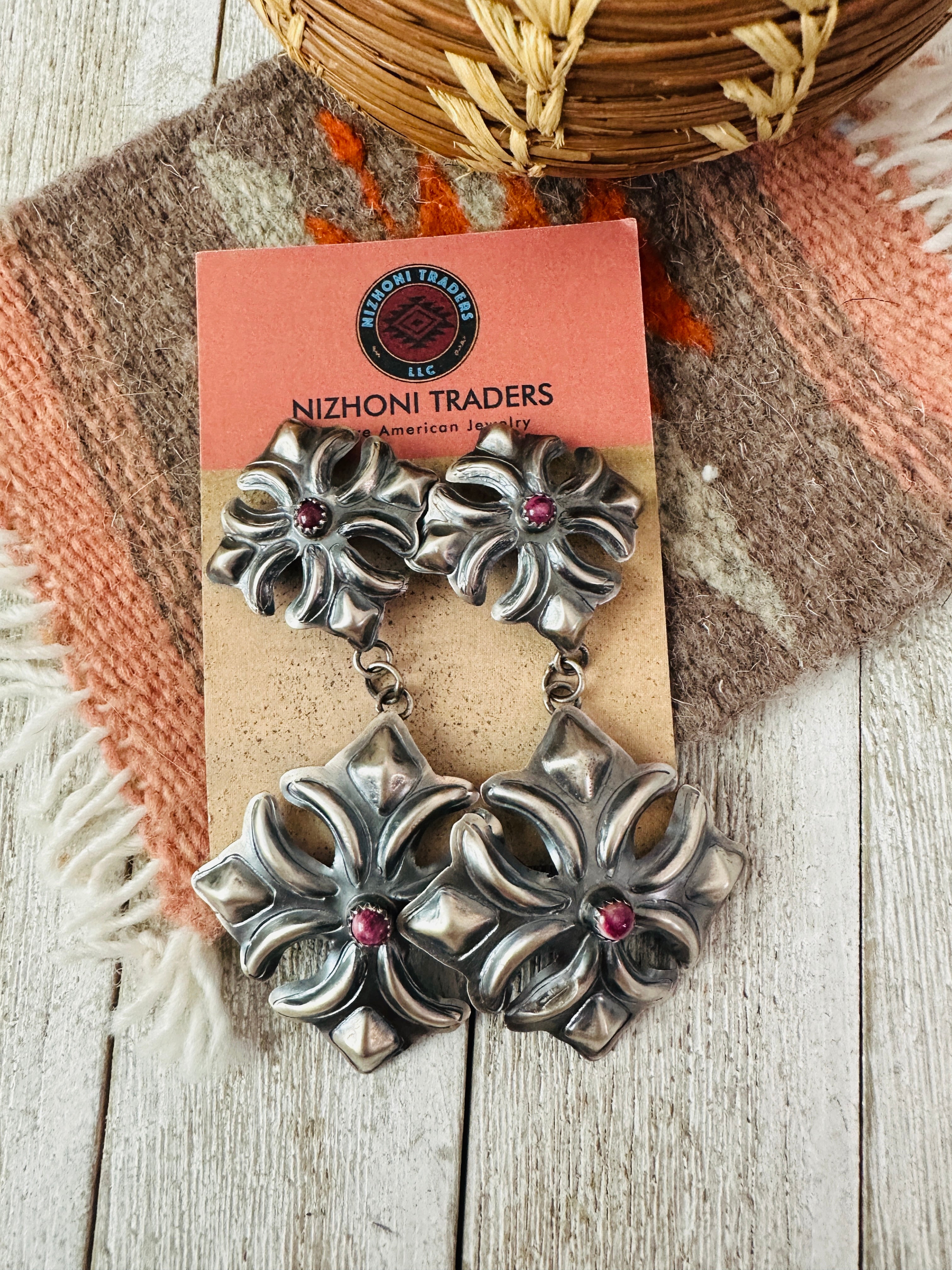 Handcrafted Purple Spiny & Sterling Silver Concho Dangle Earrings by Tim Yazzie