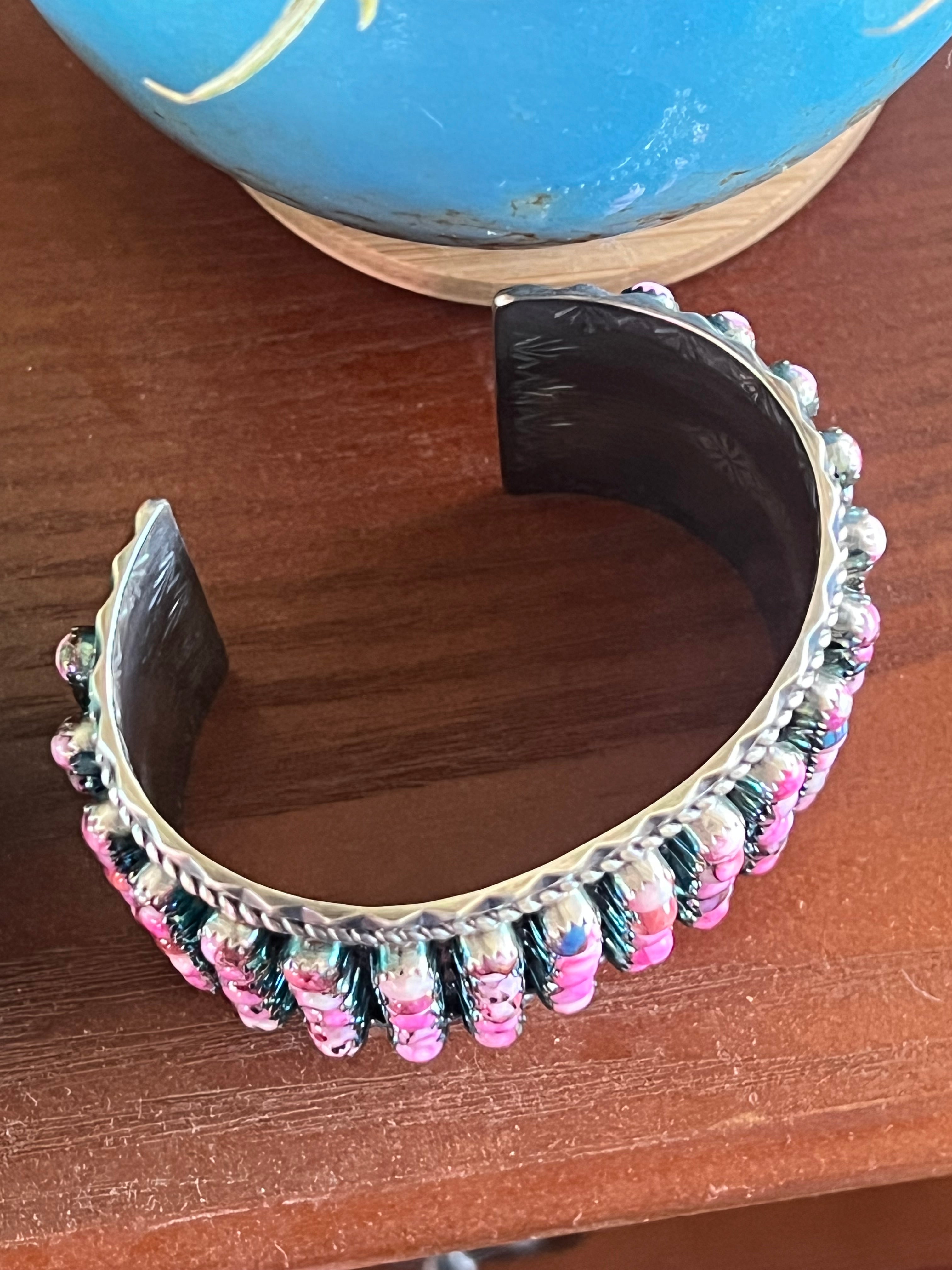 Handcrafted Sterling Silver and Pink Dream Mohave Snake Eye Style Five Row Cuff Bracelet, Signed BJ /