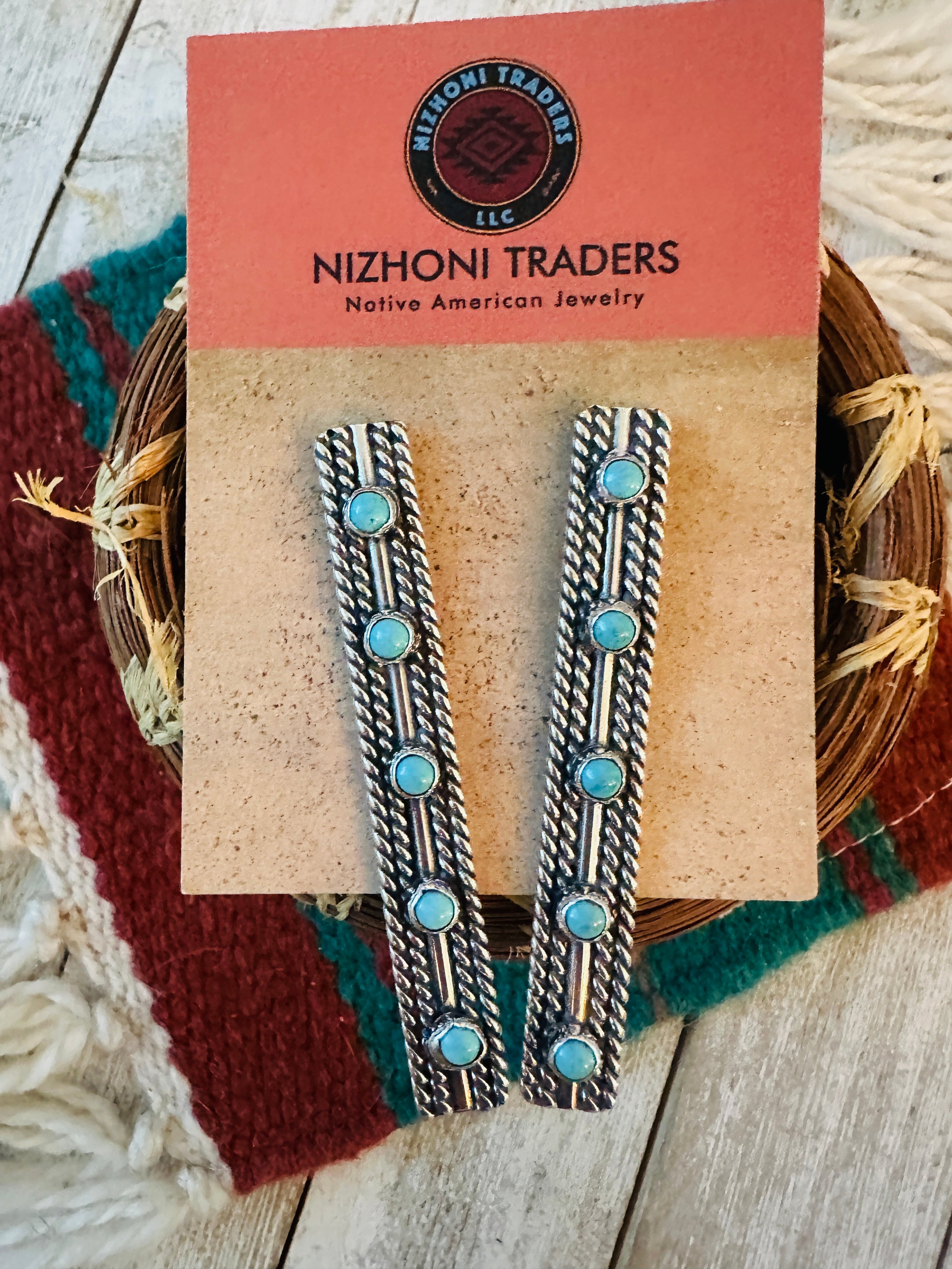 Handcrafted Sterling Silver & Turquoise Five Stone Drop Dangle Earrings