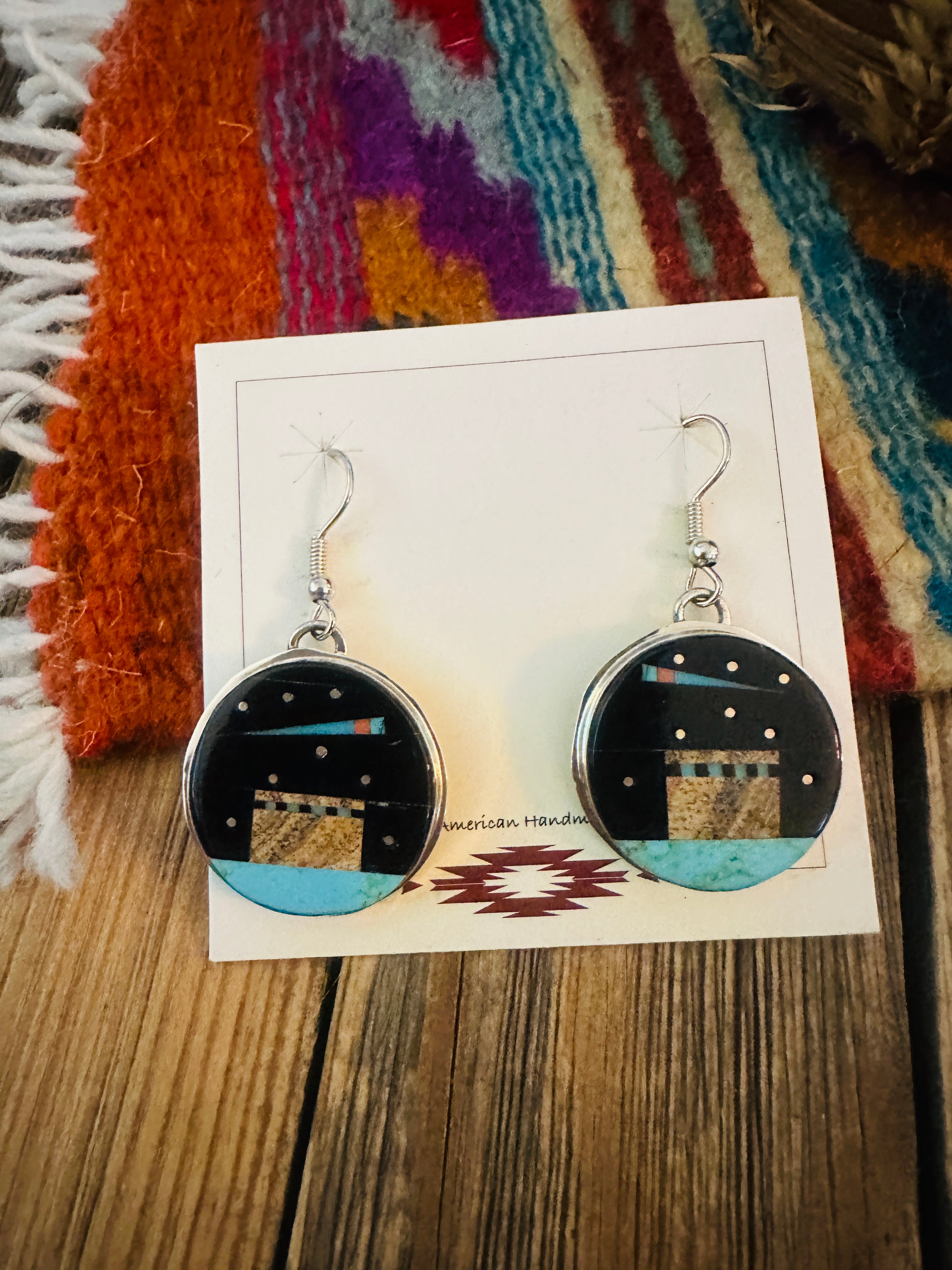 Handcrafted Sterling Silver & Multi Stone Pueblo Inlay Dangle Earrings