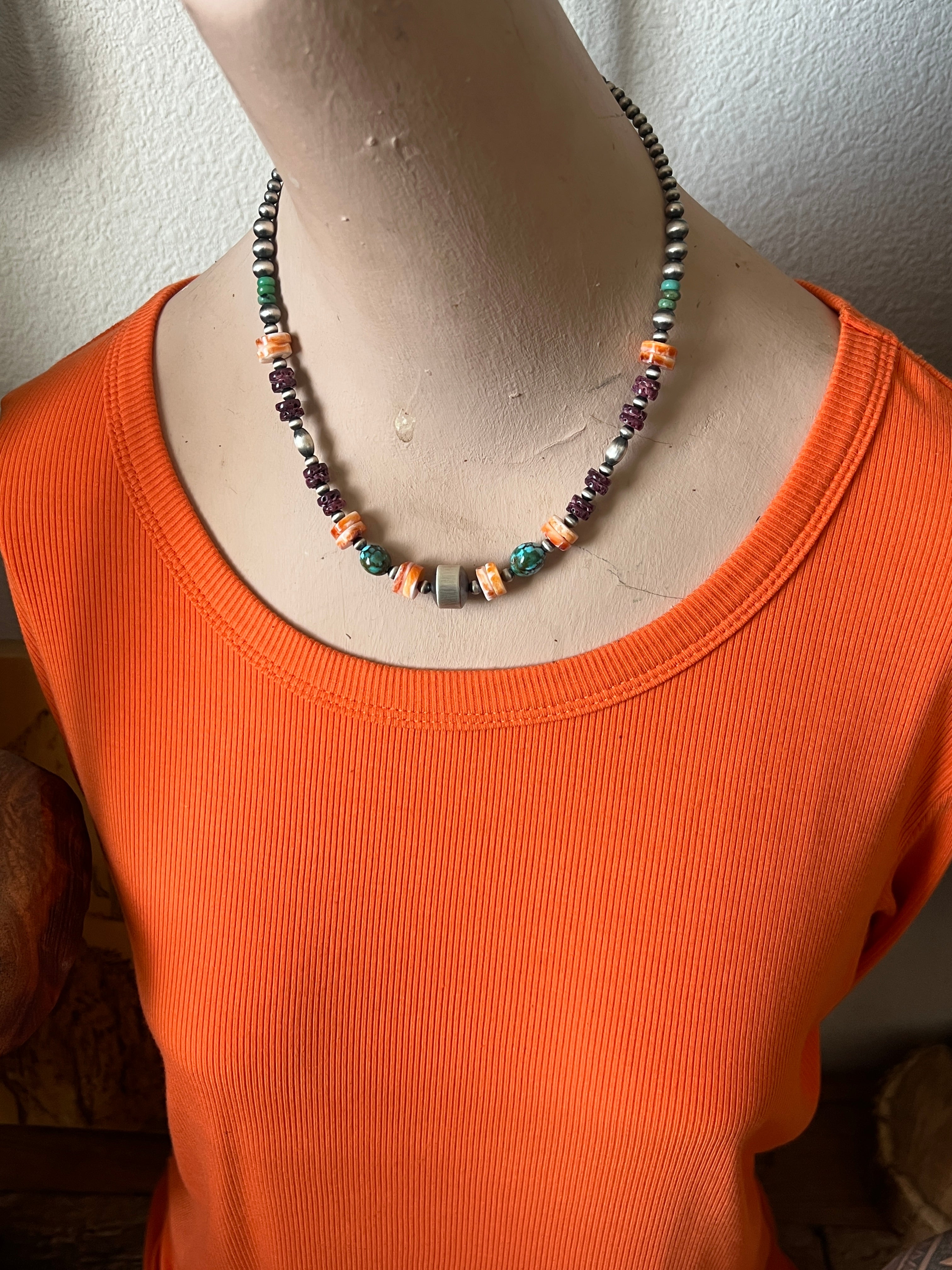 Handcrafted Sterling Silver, Kingman Turquoise and Spiny Oyster Shell Electric Rainbow Beaded Necklace, 16” + 2”