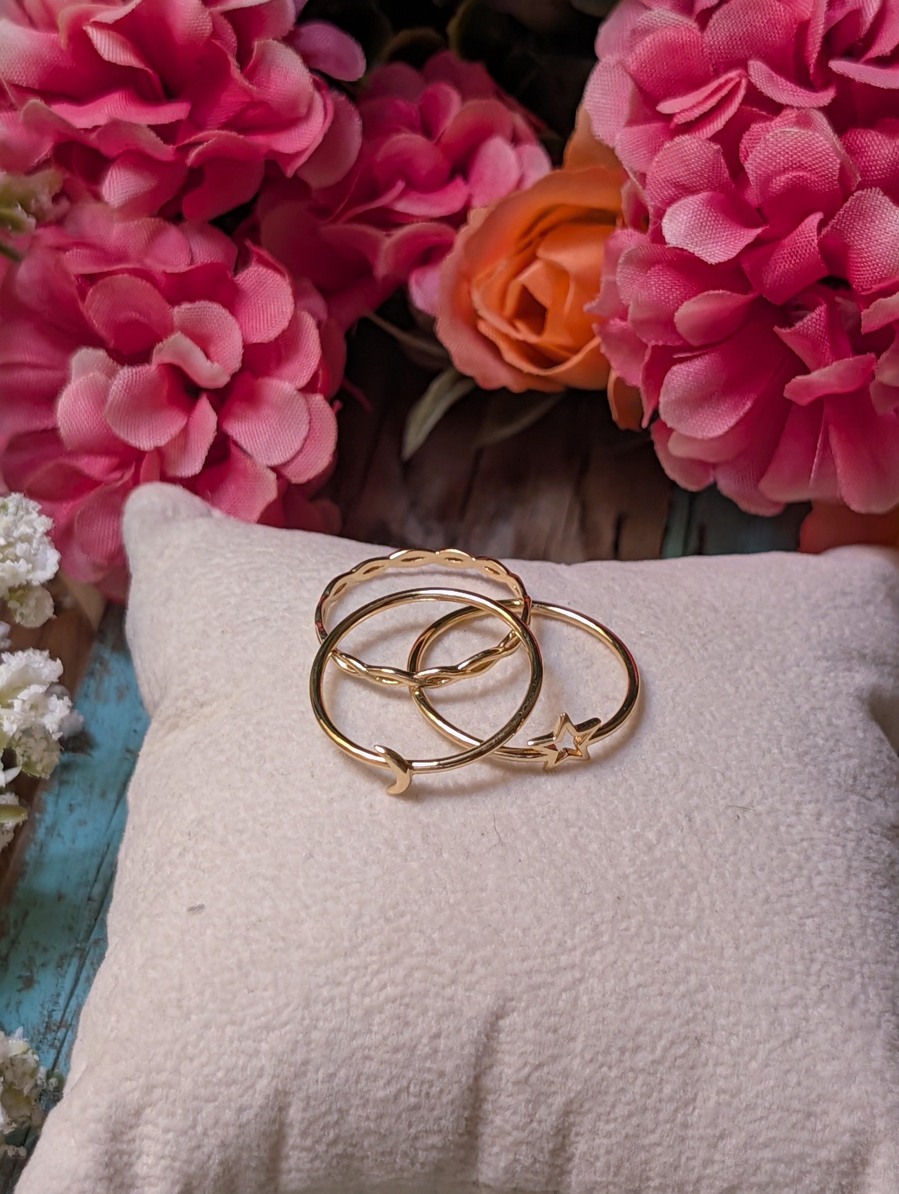 14k Gold Celestial Stacking Ring Set of 3