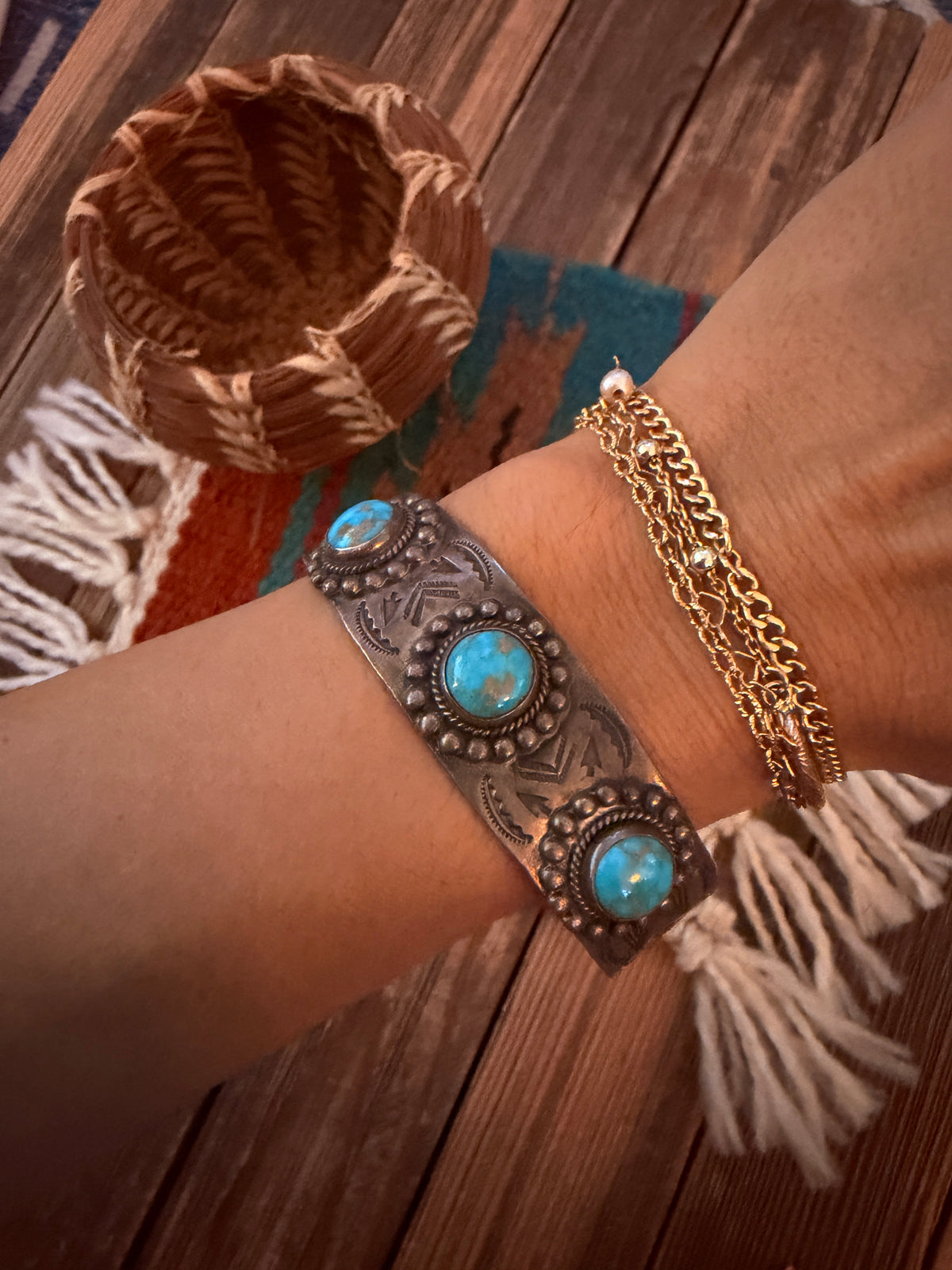 Handcrafted Old Pawn Sterling Silver & Turquoise Cuff Bracelet