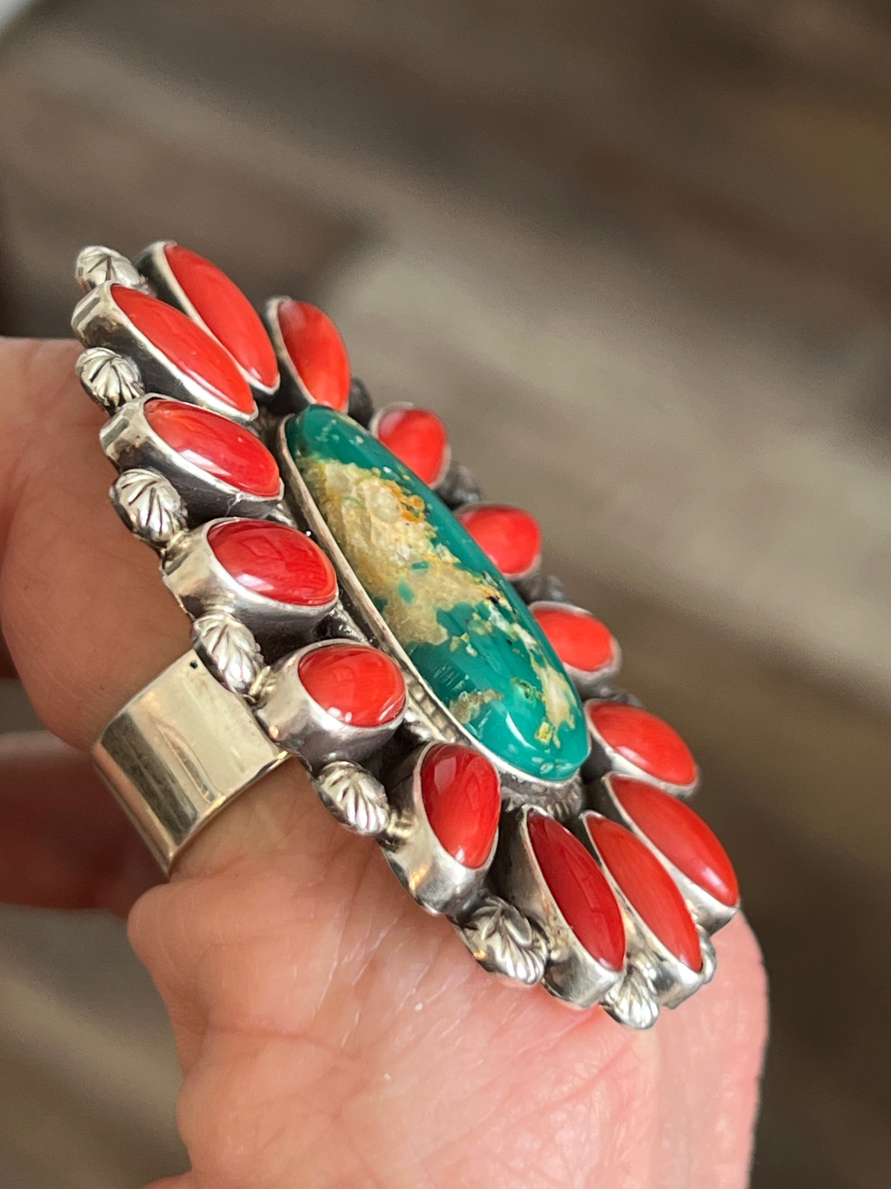 Handcrafted Sterling Silver, Royston Turquoise and Mediterranean Coral Cluster Ring by Tyler Brown, Adjustable