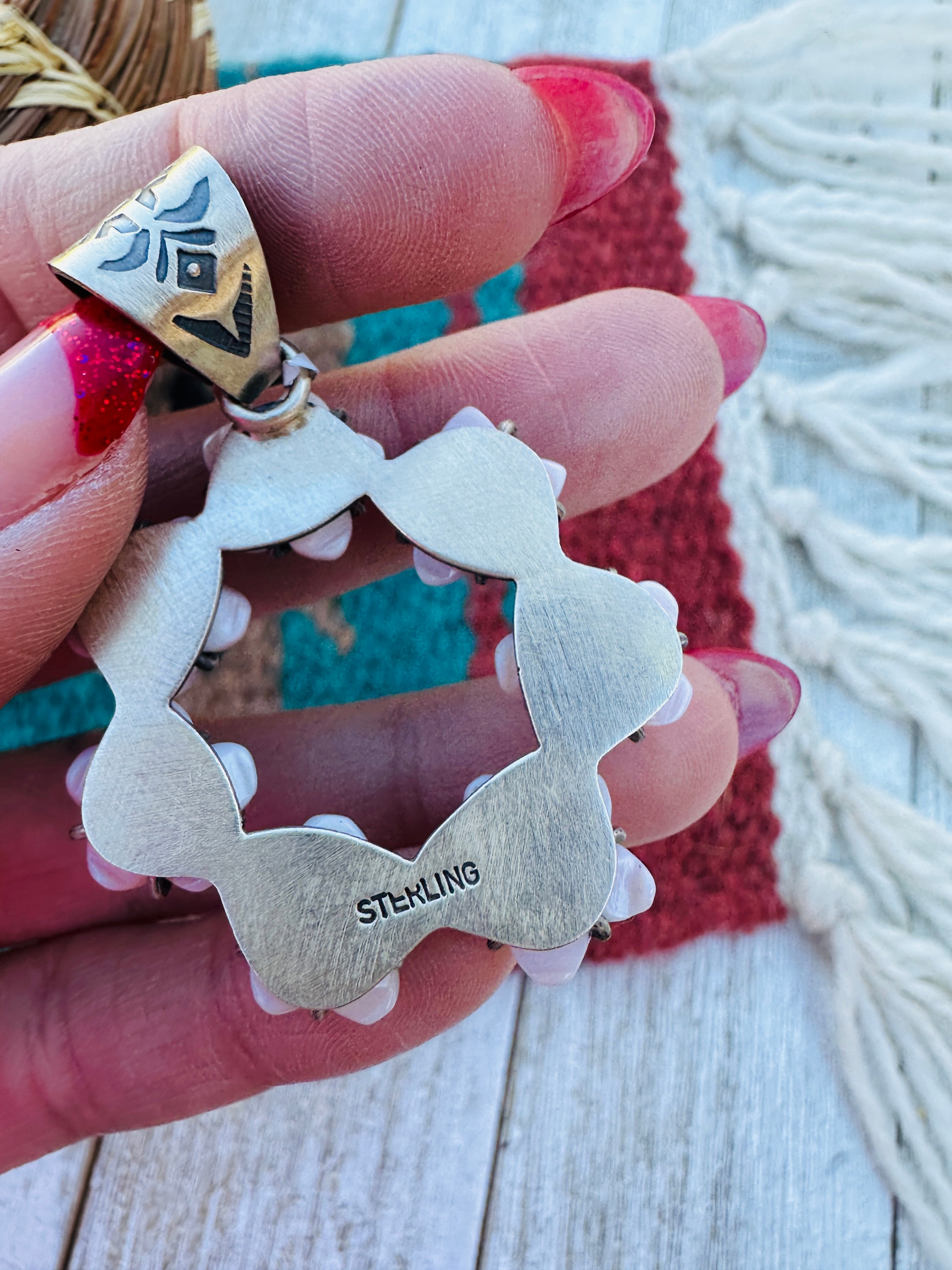 Handcrafted Sterling Silver, Queen Pink Conch & Turquoise Flower Pendant