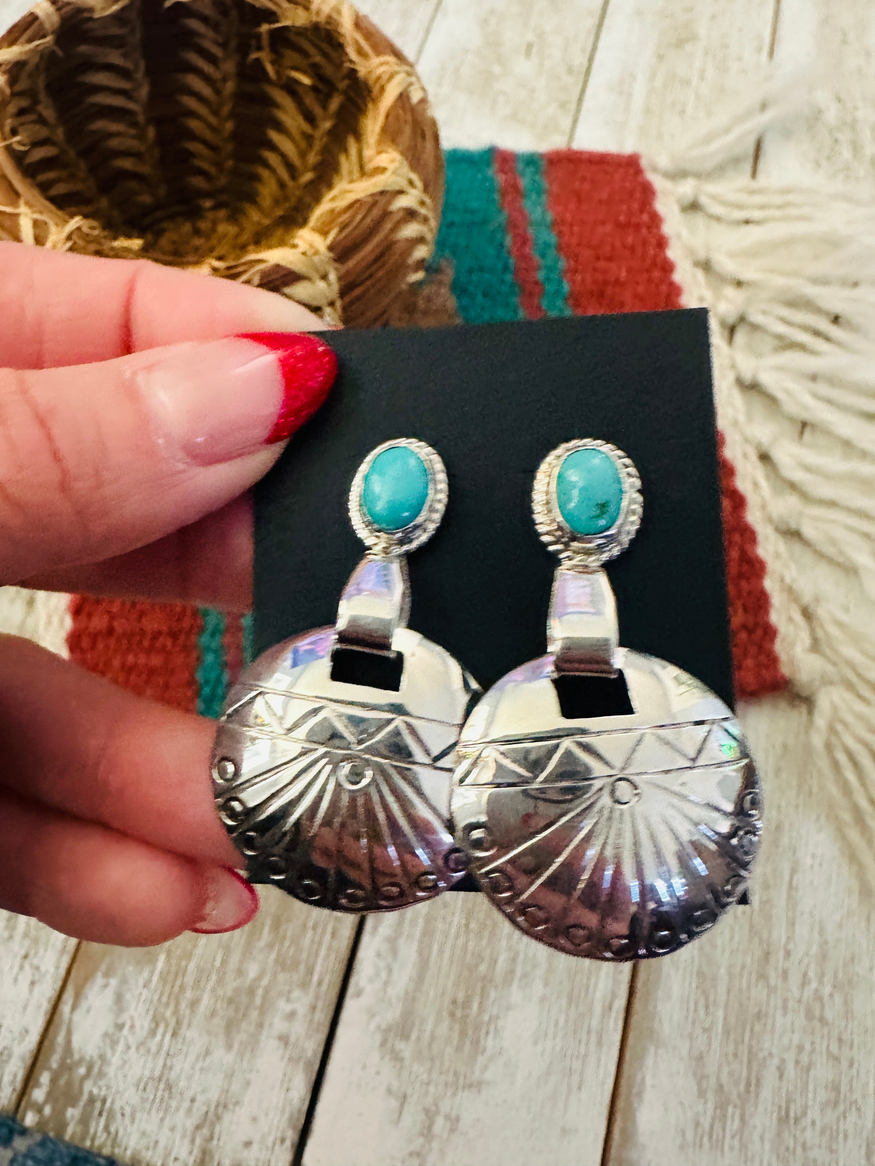 Handcrafted Turquoise & Sterling Silver Concho Dangle Earrings