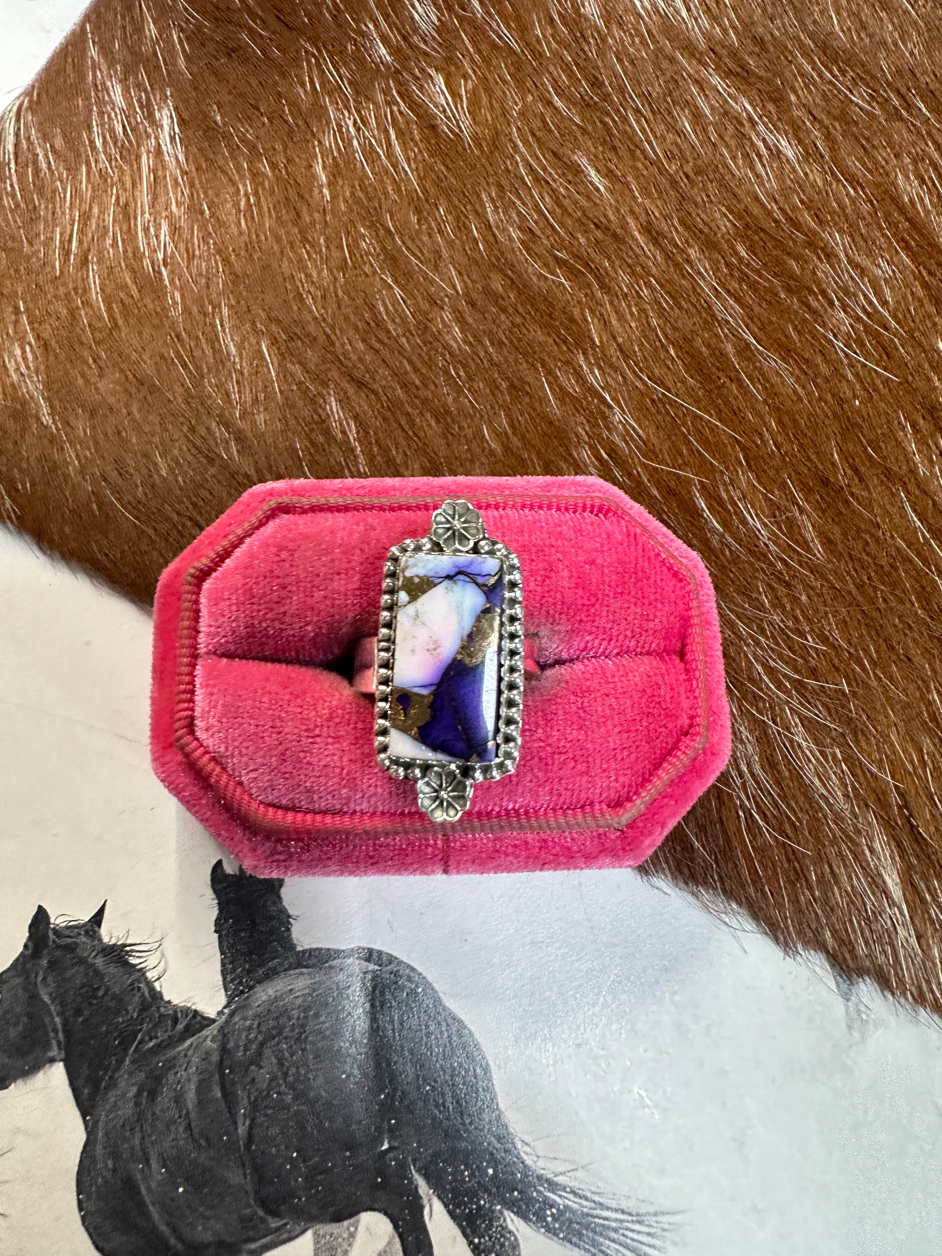 Beautiful Handmade Violet Frost And Sterling Silver Adjustable Ring RECTANGLE