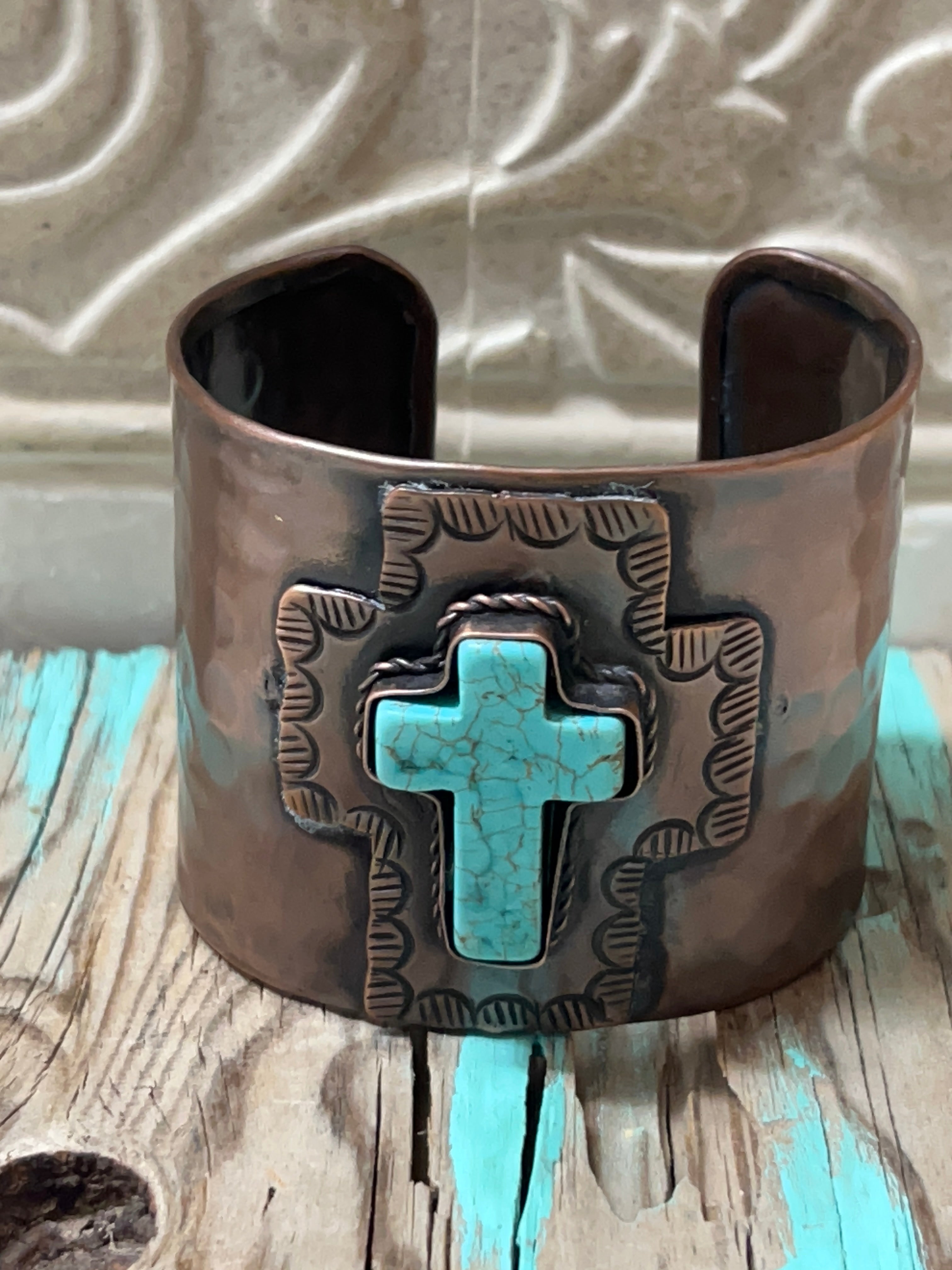 Engraved Copper Cuff Bracelet with Blue Cross