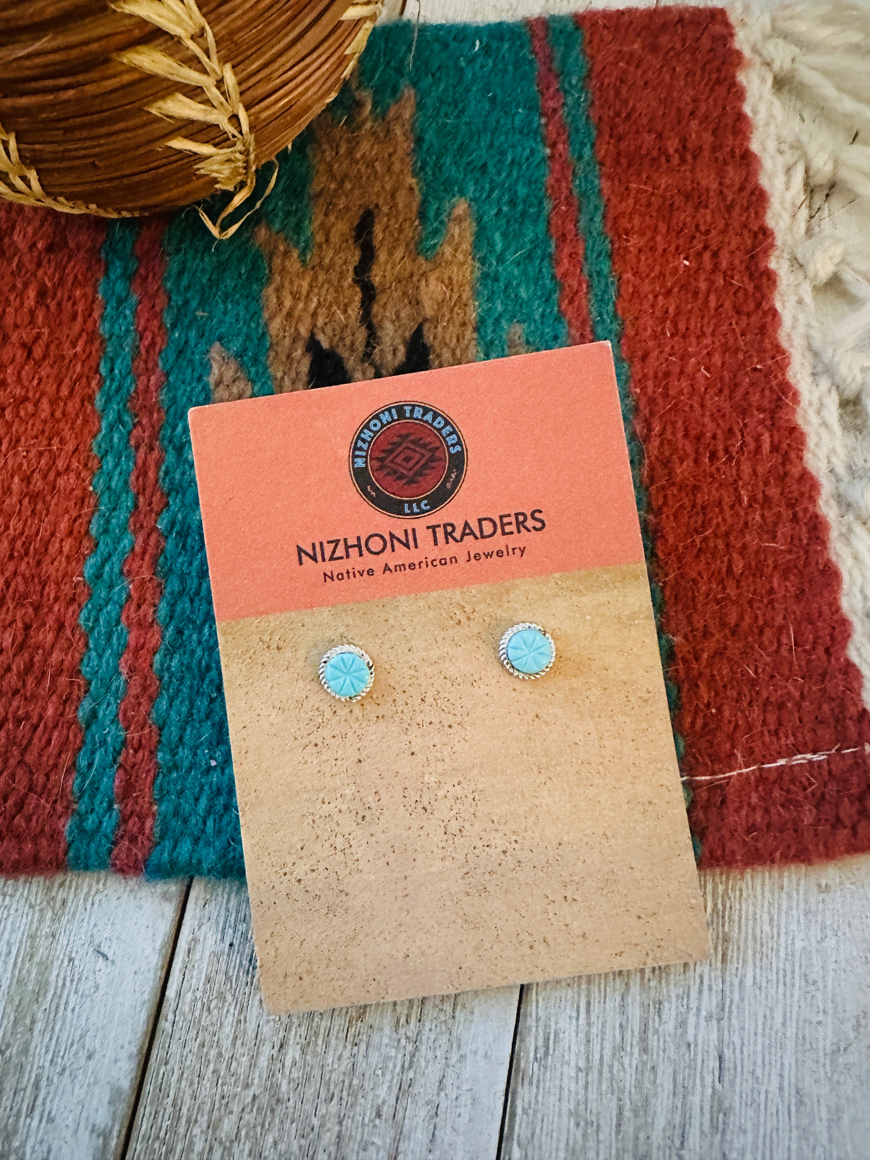 Handcrafted Carved Turquoise & Sterling Silver Stud Earrings