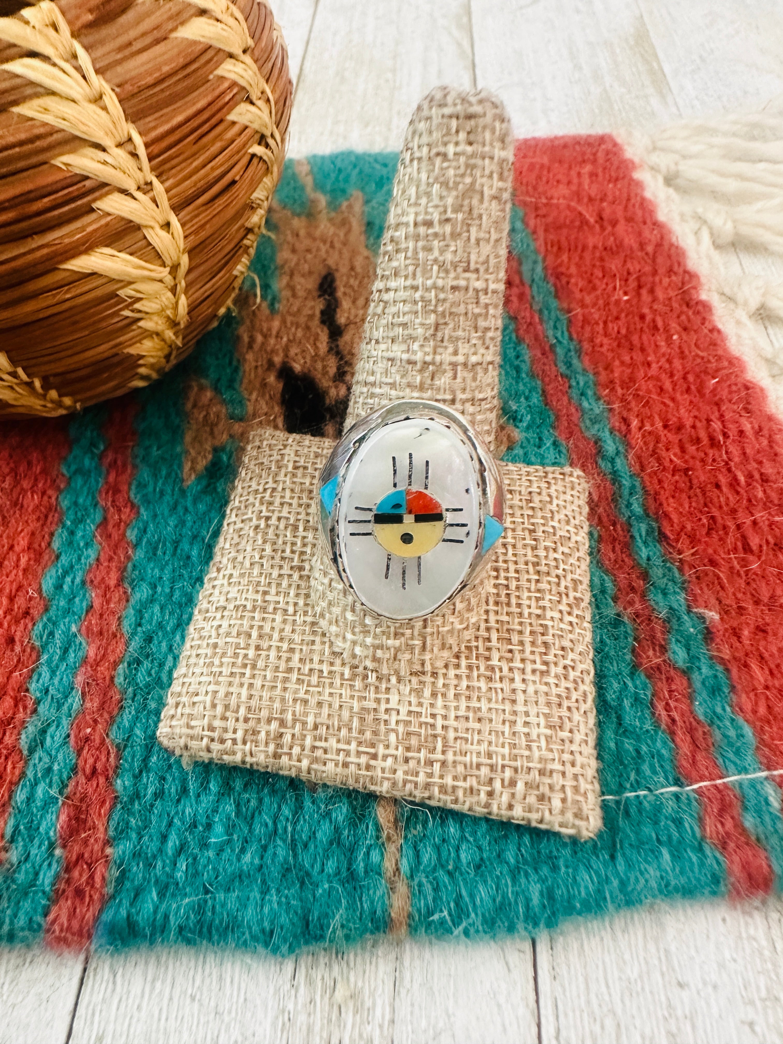 Handcrafted Old Pawn Sterling Silver & Multi Stone Inlay Sun Face Ring Size 11