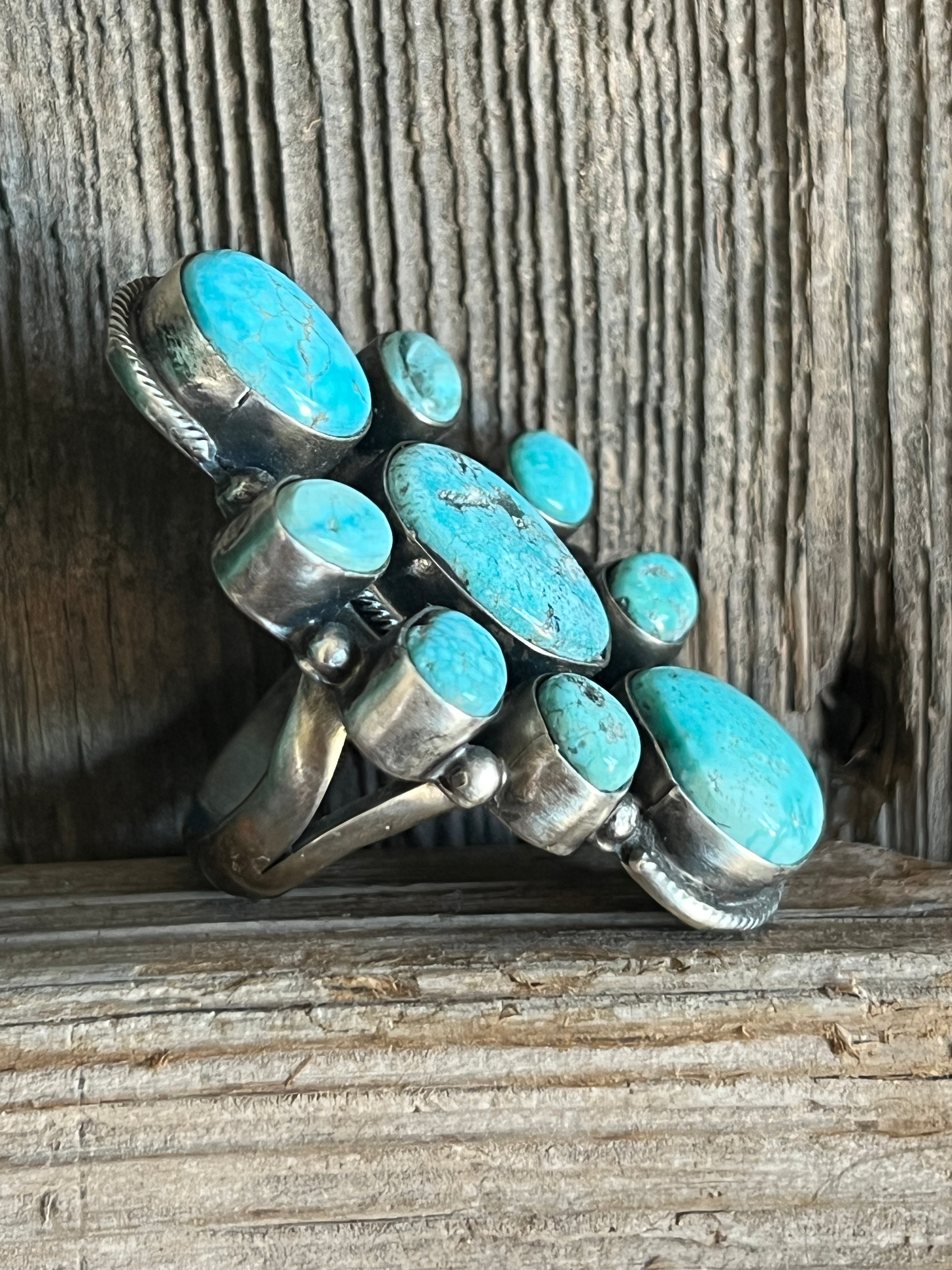 Handcrafted Sterling Silver and Natural Campitos Turquoise Cluster Ring by Sheila Becenti, Size 8.75