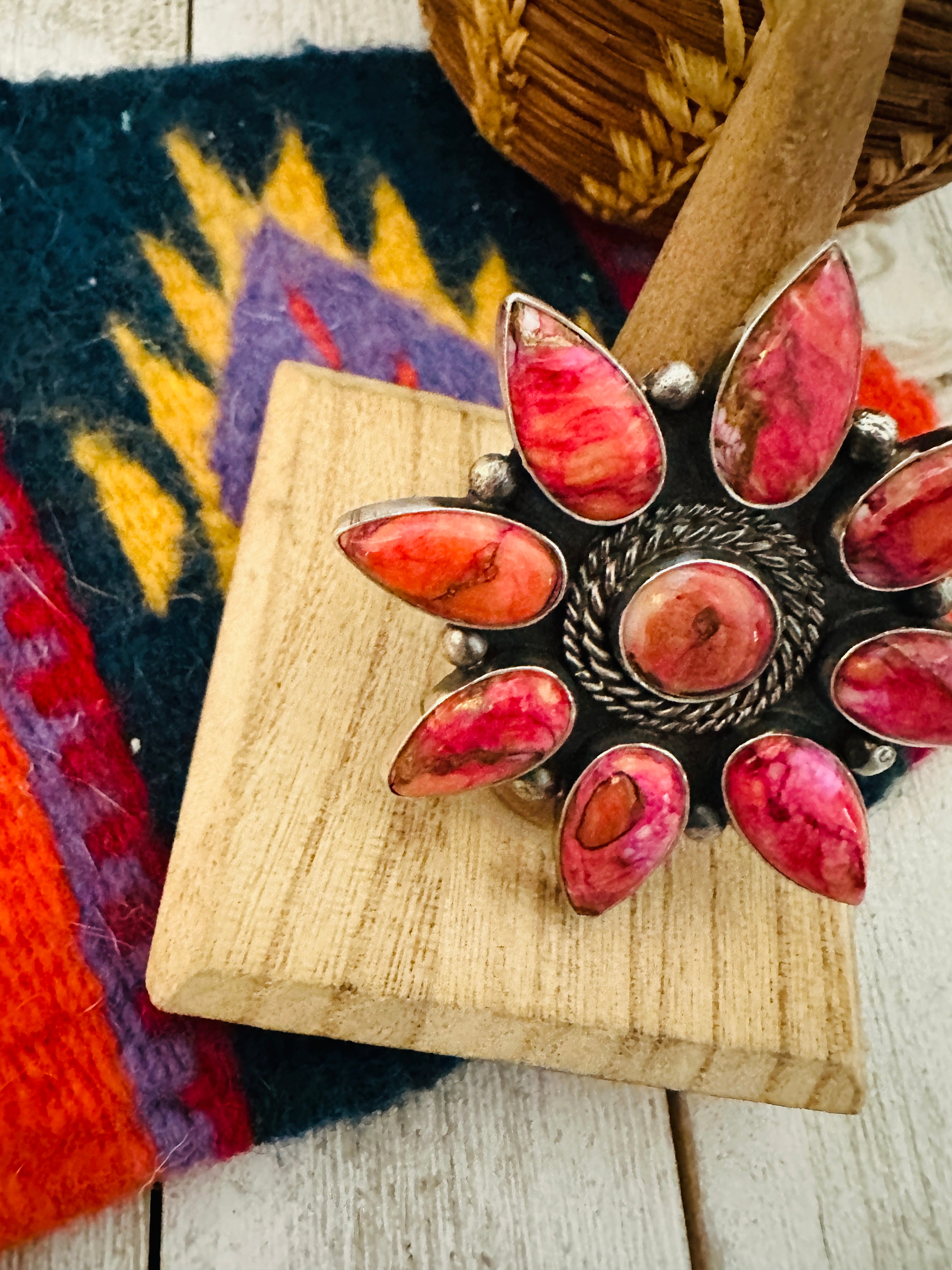 Navajo Pink Mojave & Sterling Silver Cluster Adjustable Ring