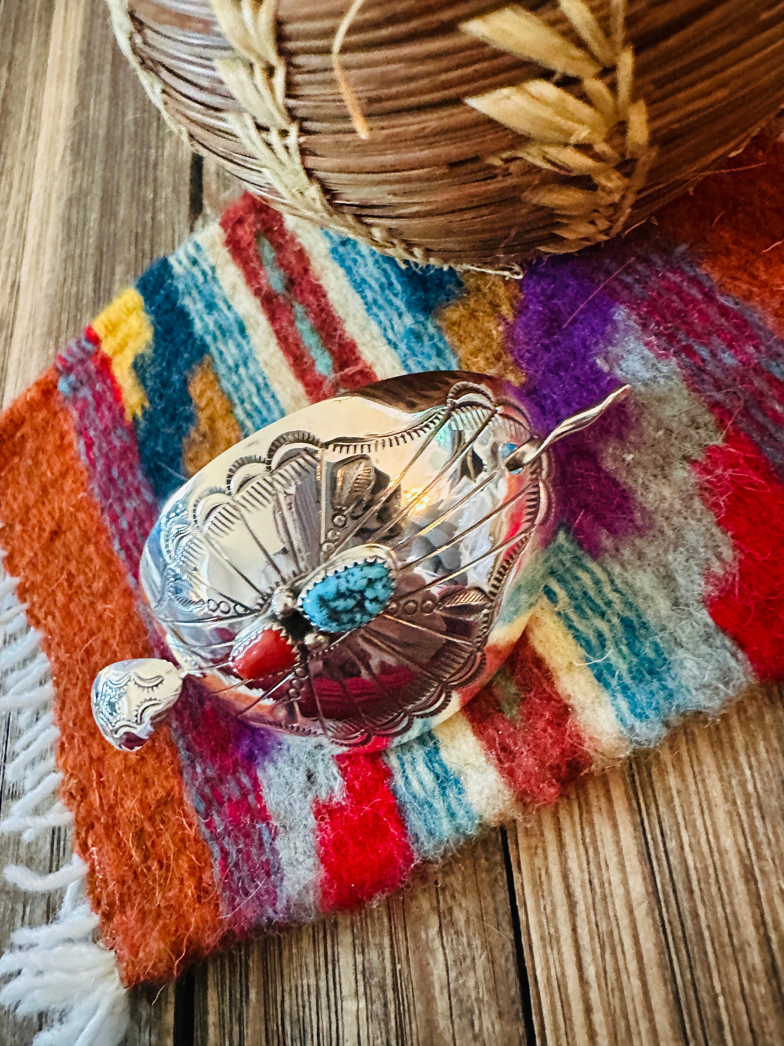 Handcrafted Turquoise, Coral & Sterling Silver Concho Hair Pin