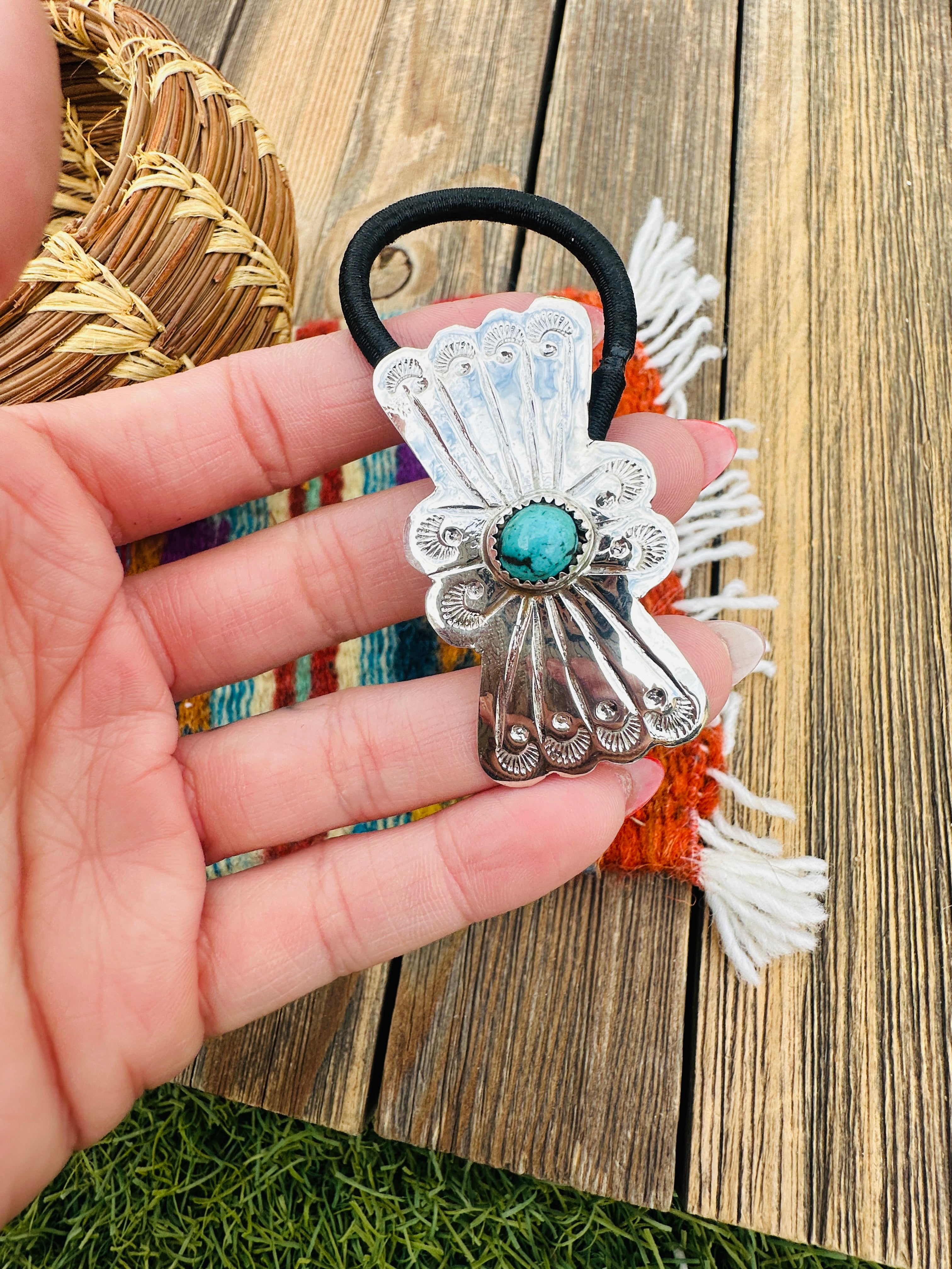 Handcrafted Turquoise & Sterling Silver Concho Hair Tie