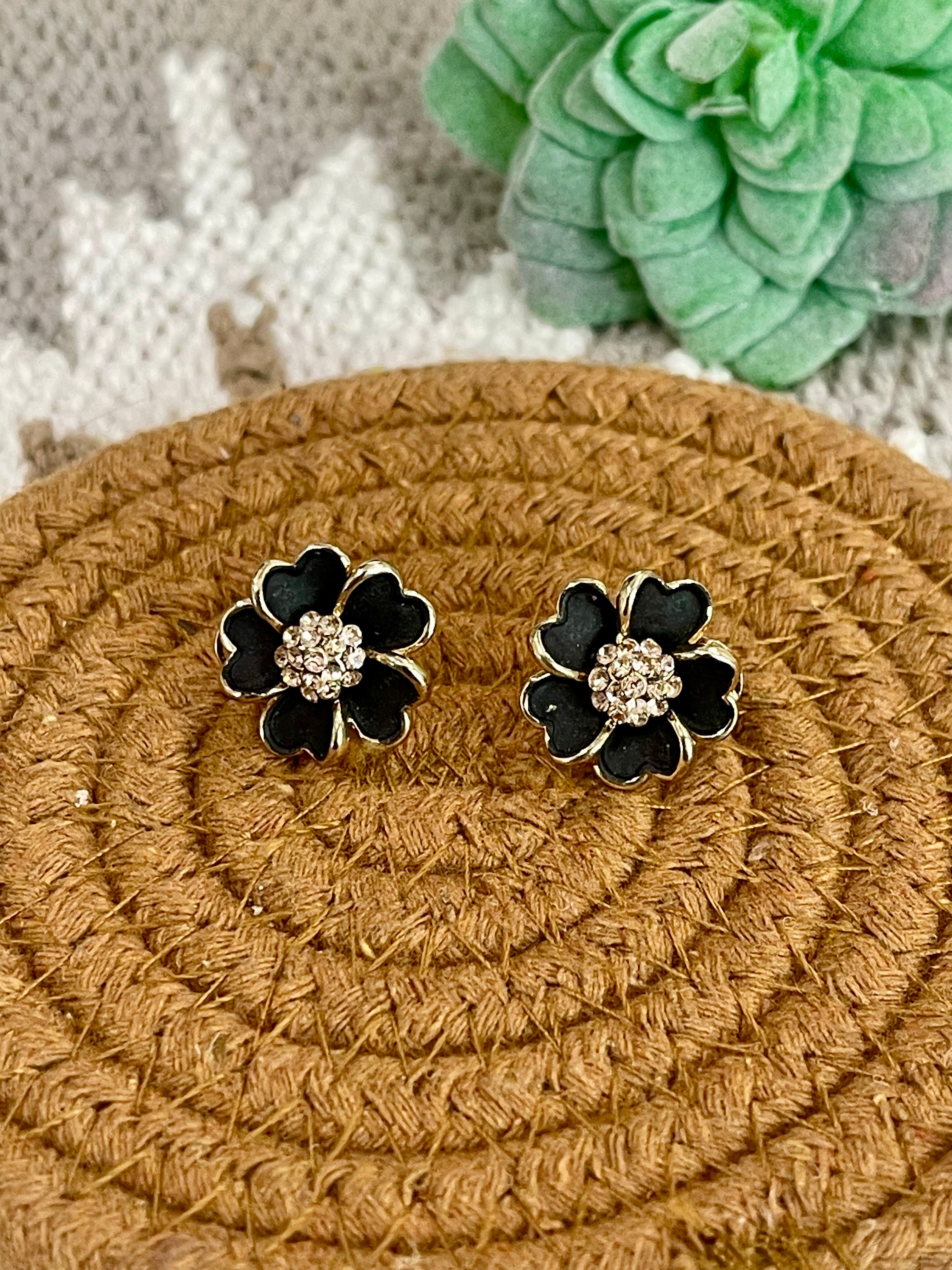 Vintage Gold Plated Stud Black Flower Earrings