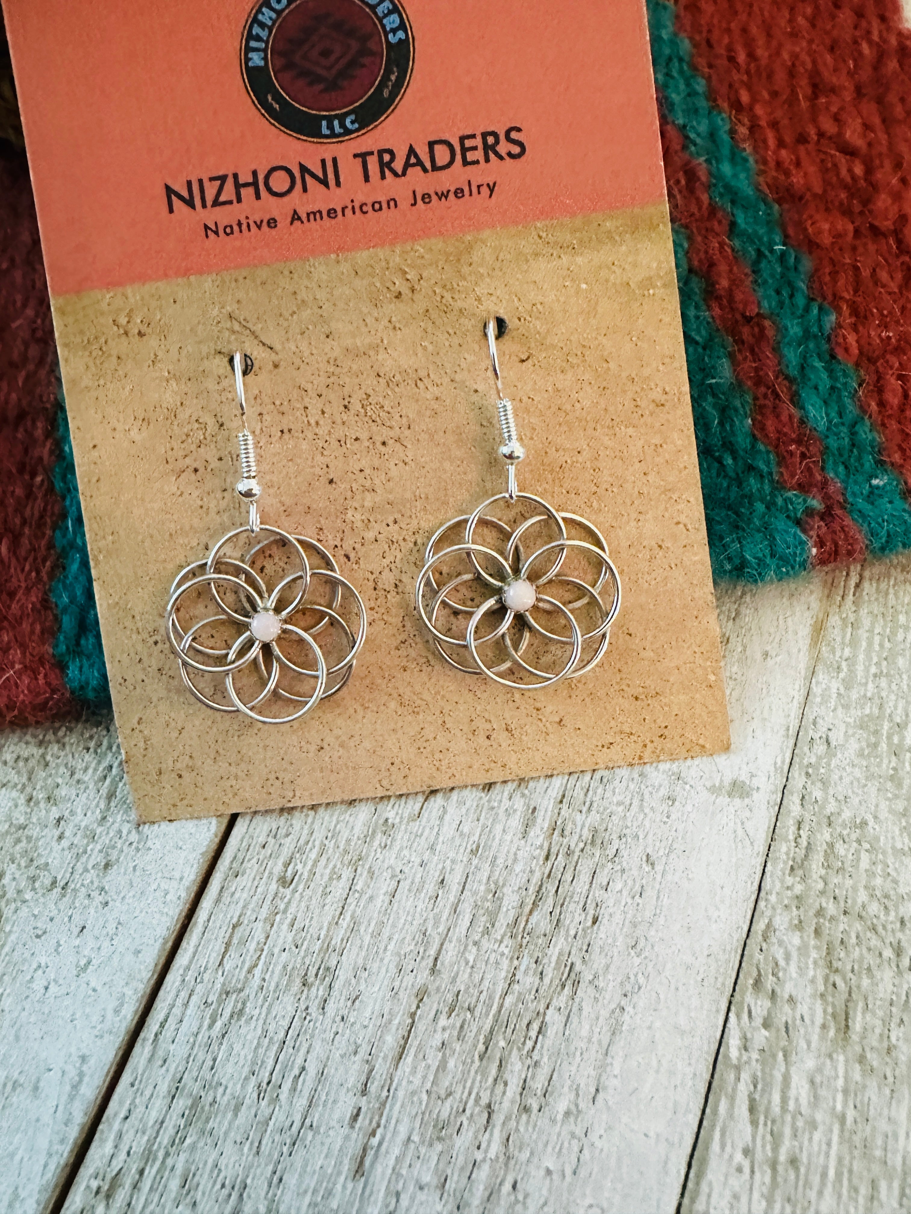 Handcrafted Queen Pink Conch & Sterling Silver Flower Dangle Earrings