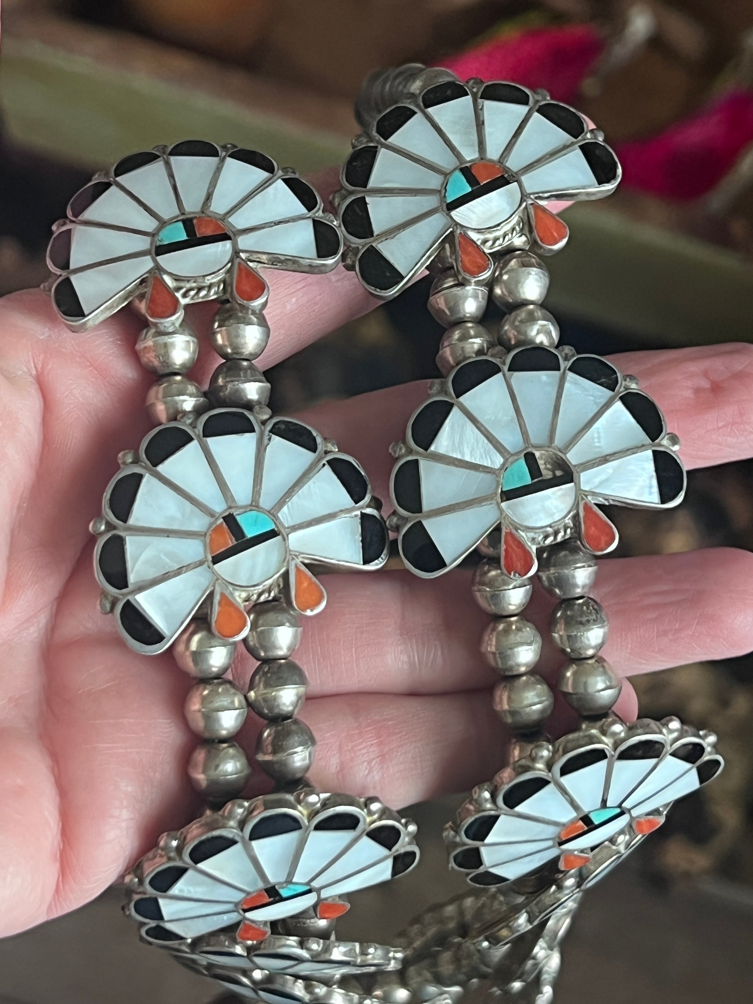 Vintage Old Pawn Sunface Multi Stone & Sterling Silver Beaded Squash Blossom Necklace