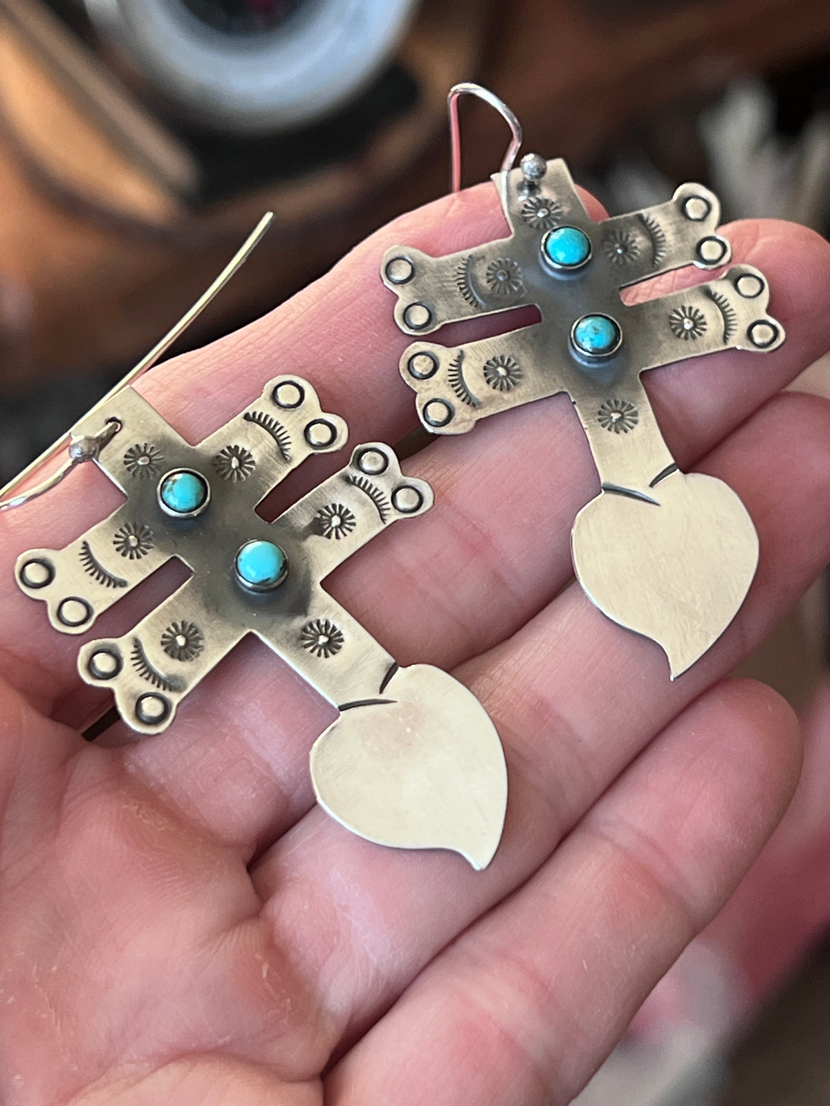 Hand Stamped Sterling Silver Dragonfly Cross Heart Dangle Earrings with Kingman Turquoise by Kimari Somers, Shaped Bars