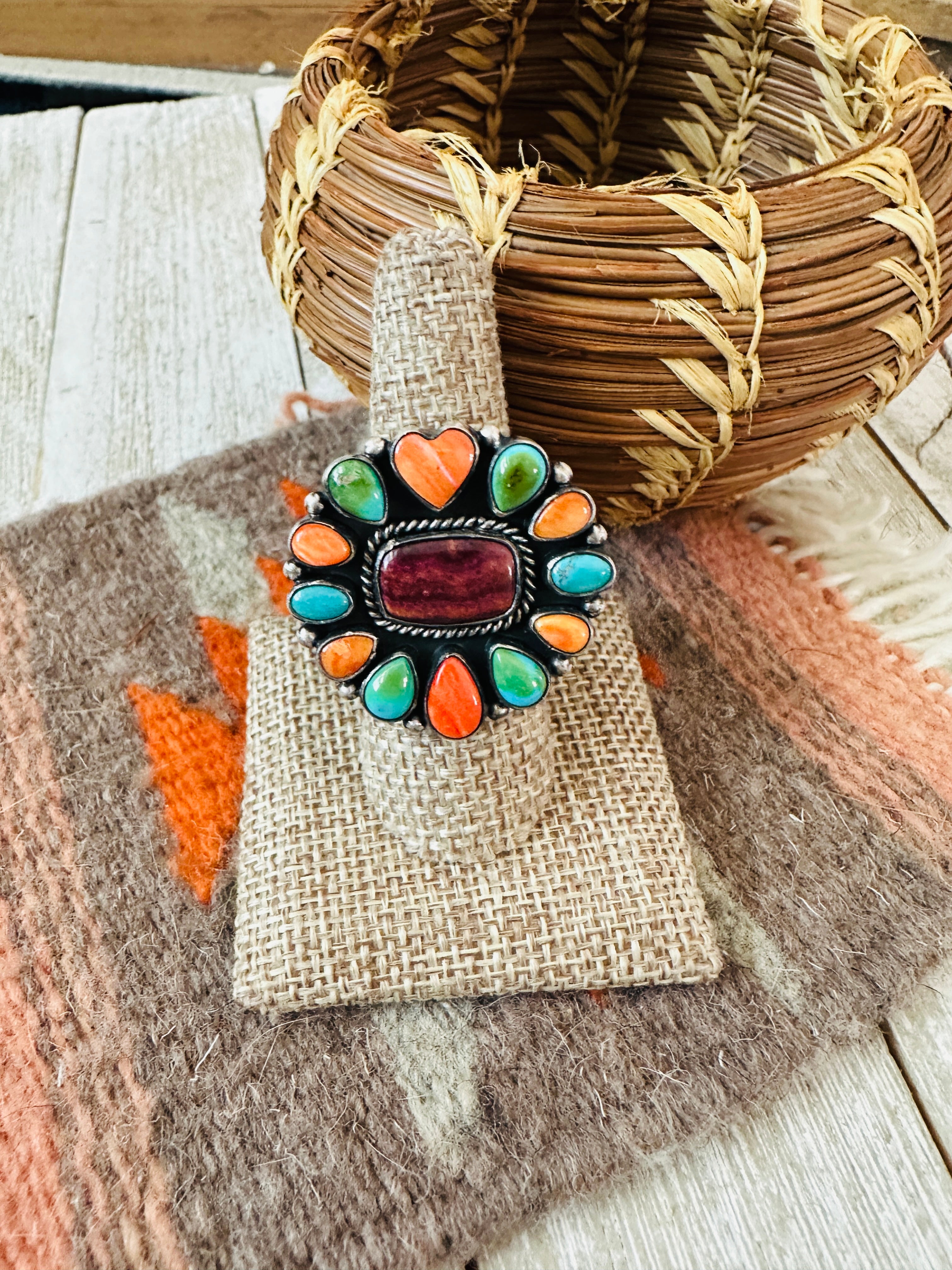 Navajo Electric Rainbow Sterling Silver, Turquoise & Spiny Ring by Bernyse Chavez and Angela Martin, Size 9