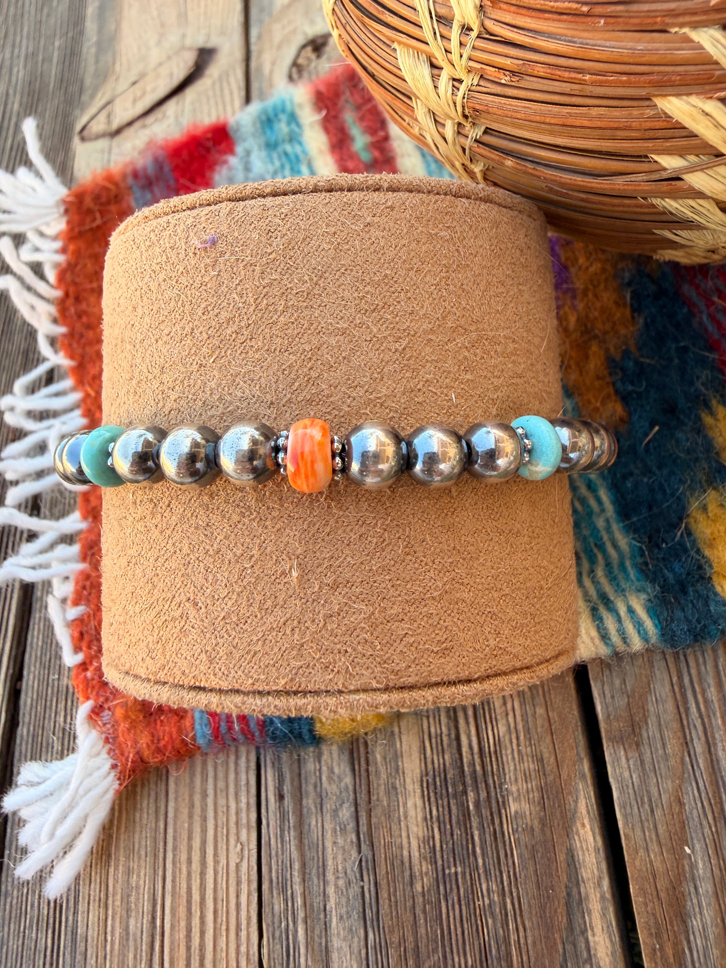 Handcrafted Turquoise, Spiny Oyster & Sterling Silver Pearl Beaded Bracelet