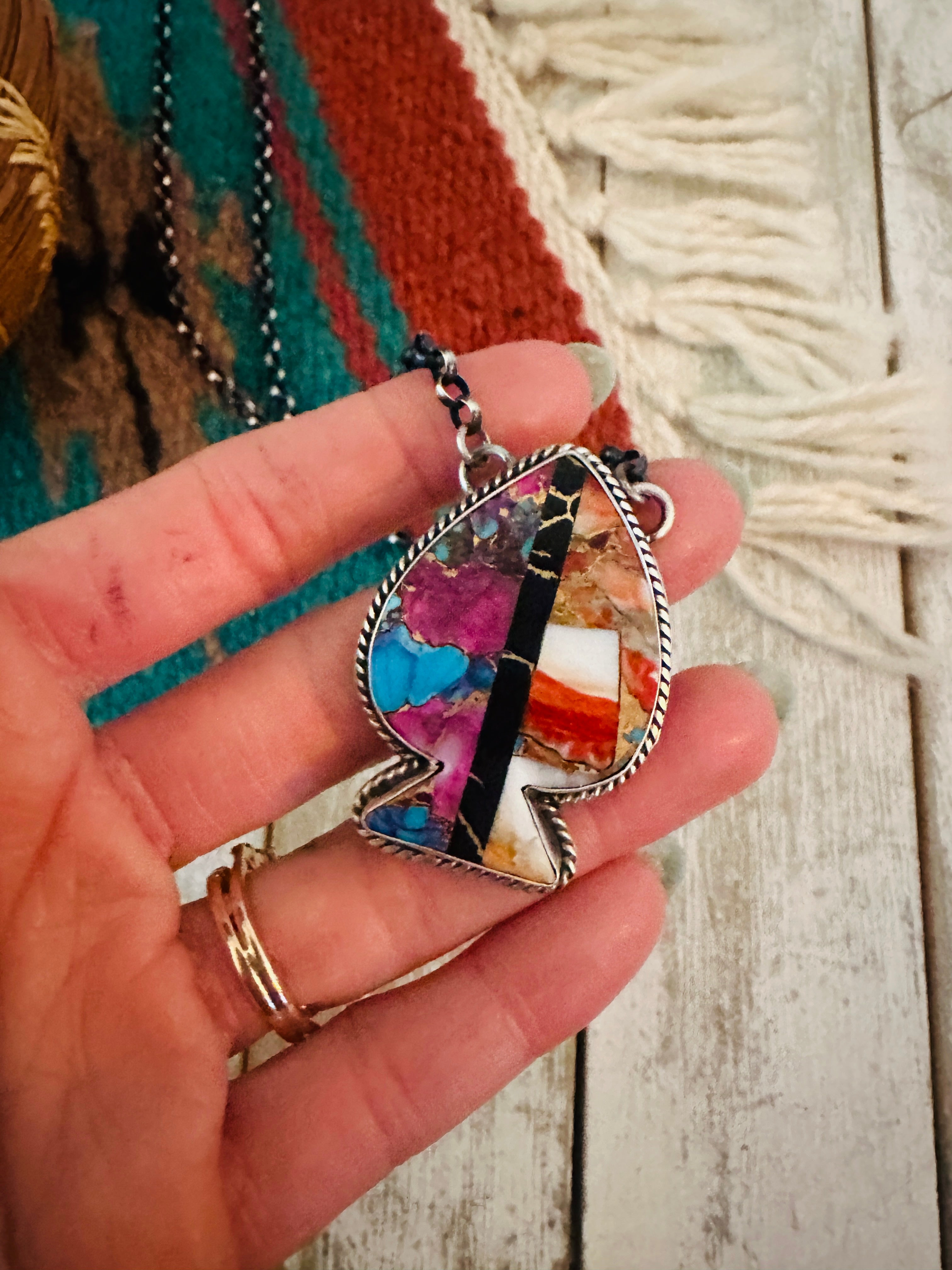 Navajo Sterling Silver & Multi Stone Inlay Spade Necklace