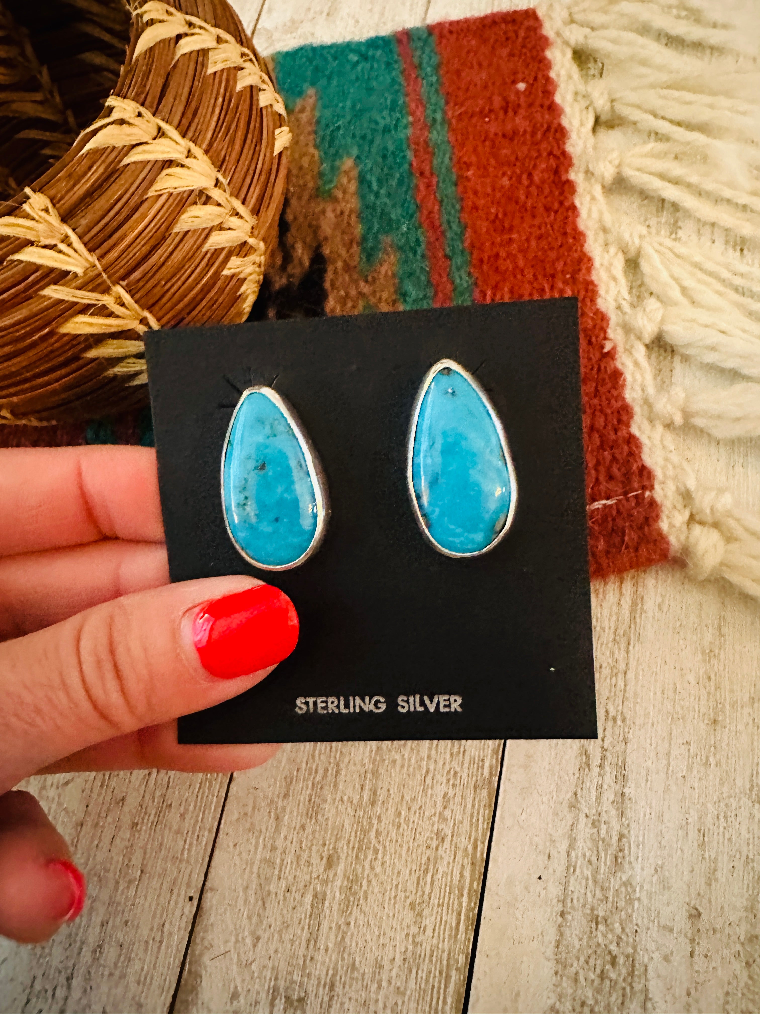 Handcrafted Turquoise & Sterling Silver Post Earrings Signed