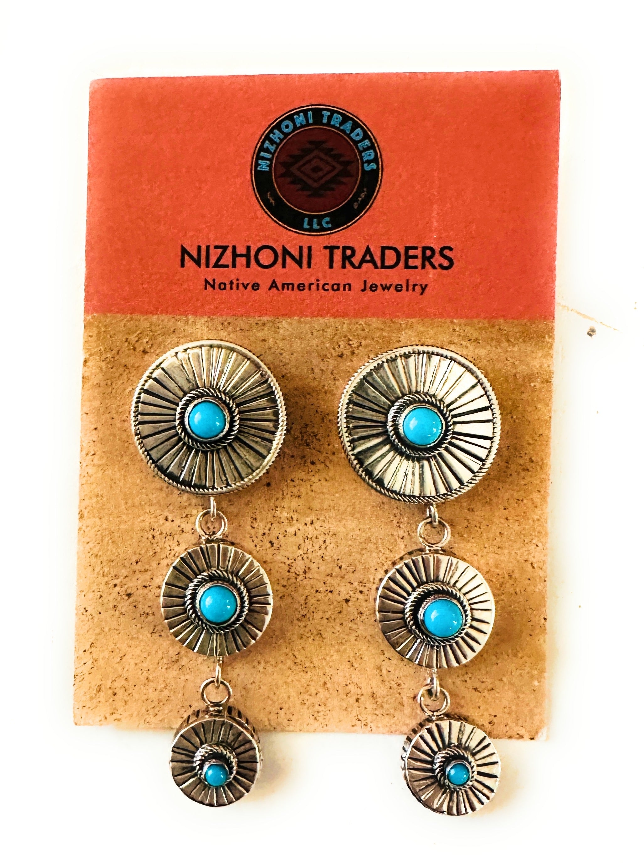 Handcrafted Hand Stamped Sterling Silver & Turquoise Concho Dangle Earrings