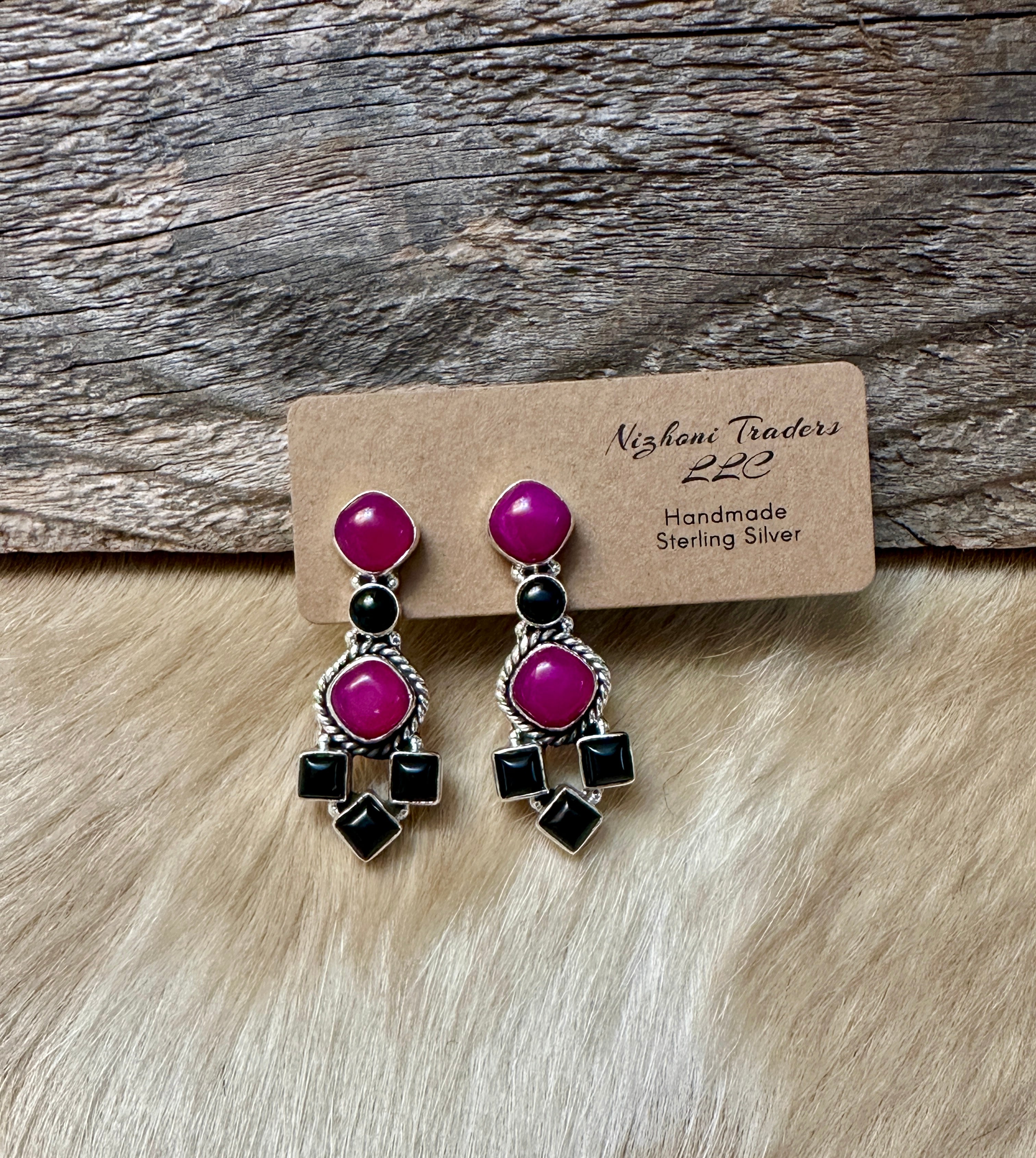 Handmade Pink & Black Onyx Sterling Silver Post Earrings