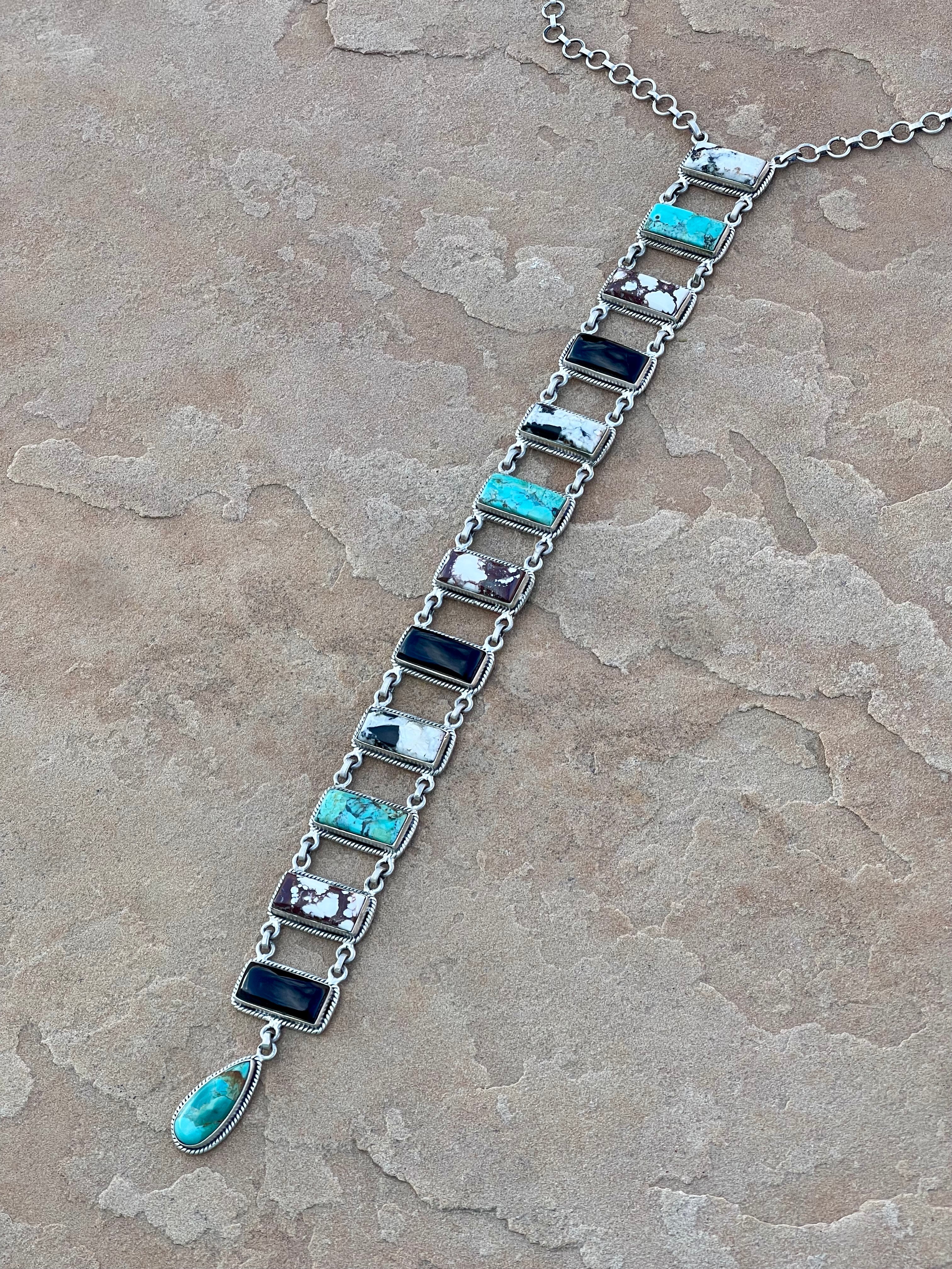 Handmade Sterling Silver, Multi Stone & Turquoise Drop Necklace